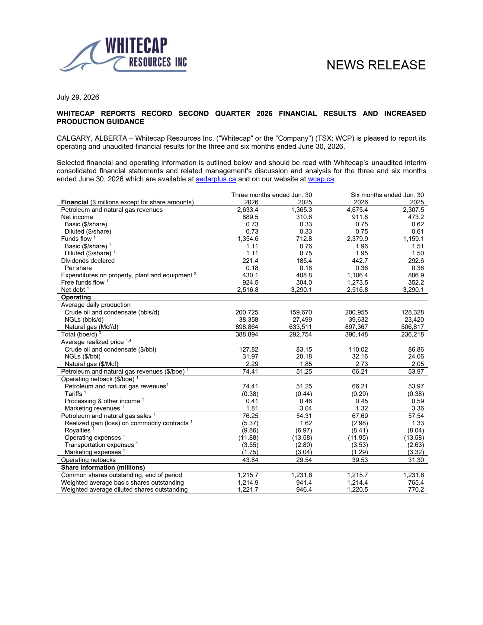 Whitecap Resources' Q2 2026 Press Release