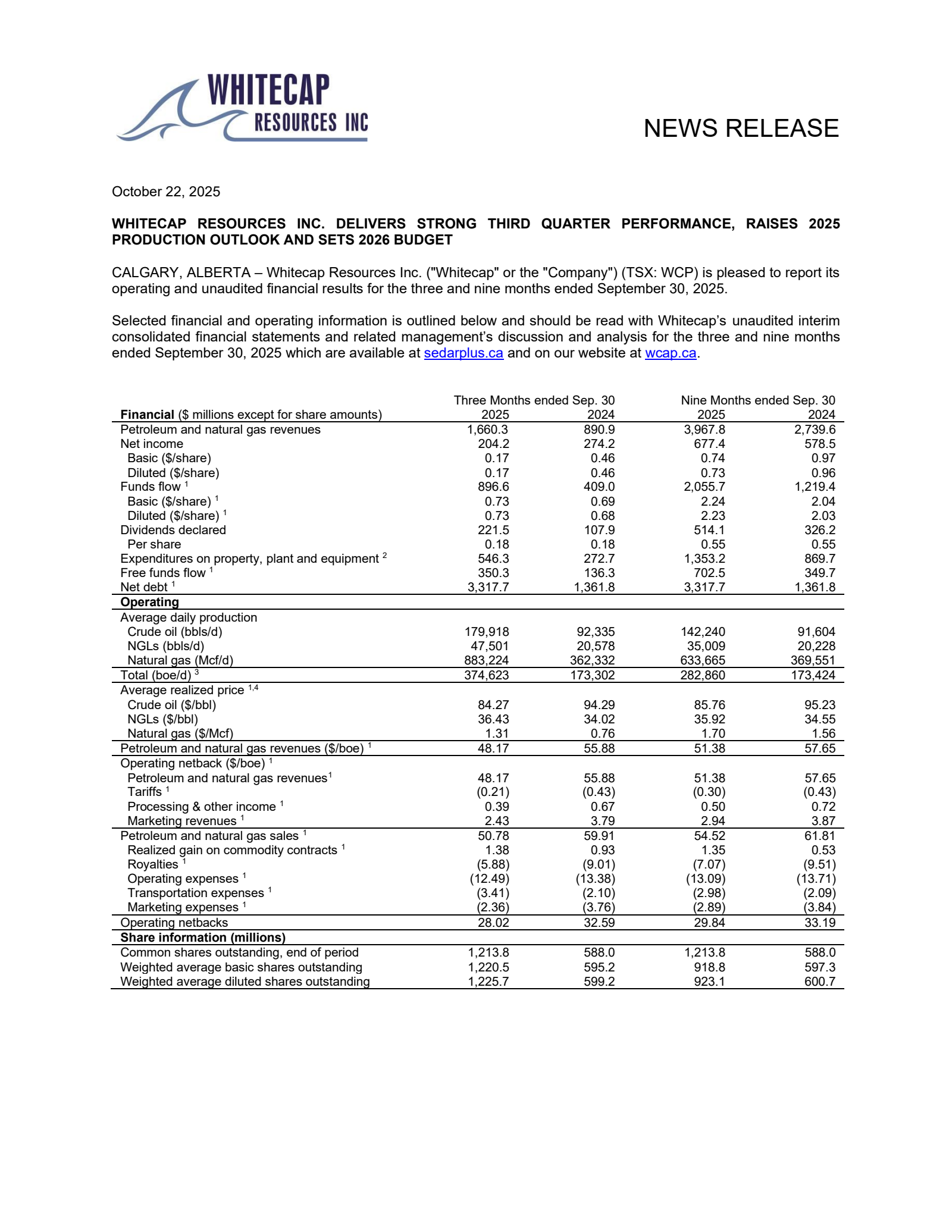 Whitecap Resources' Q3 2025 Earnings Release