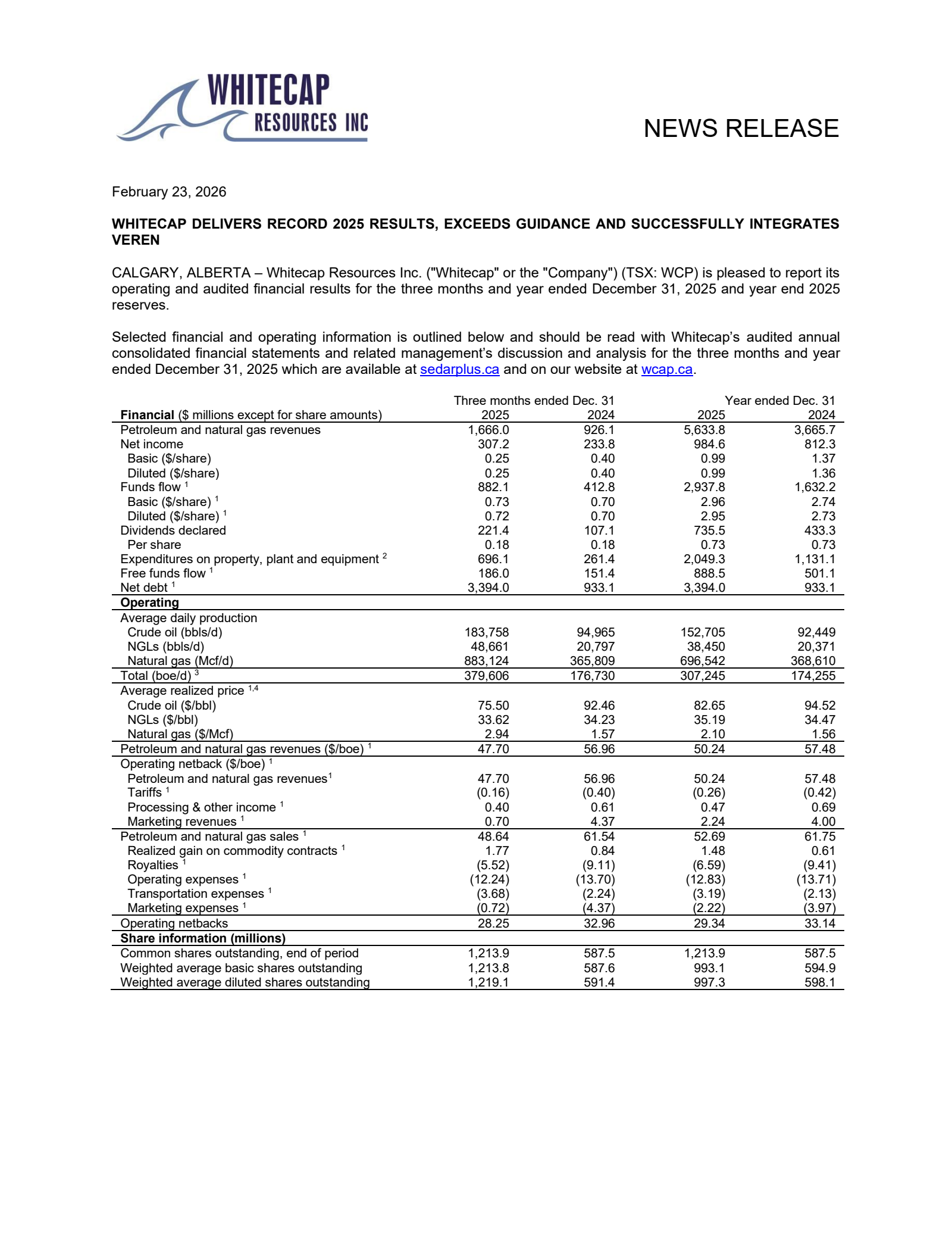 Whitecap Resources' Q4 2025 Press Release