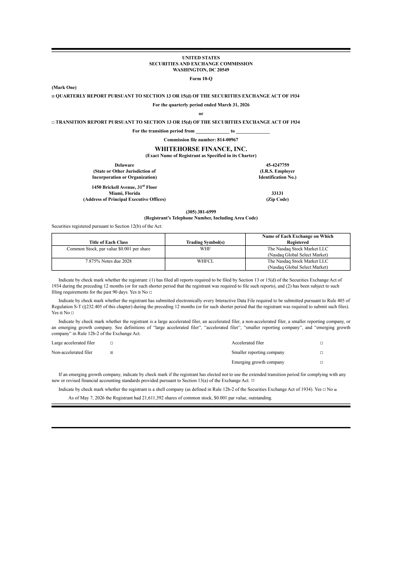 WhiteHorse Finance's Q1 2026 Quarterly report