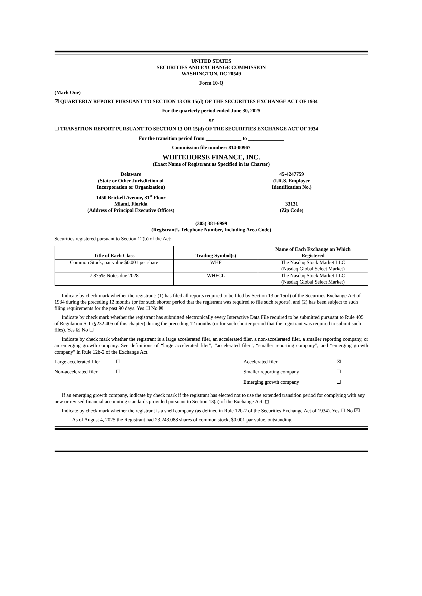 WhiteHorse Finance's Q2 2025 Quarterly report