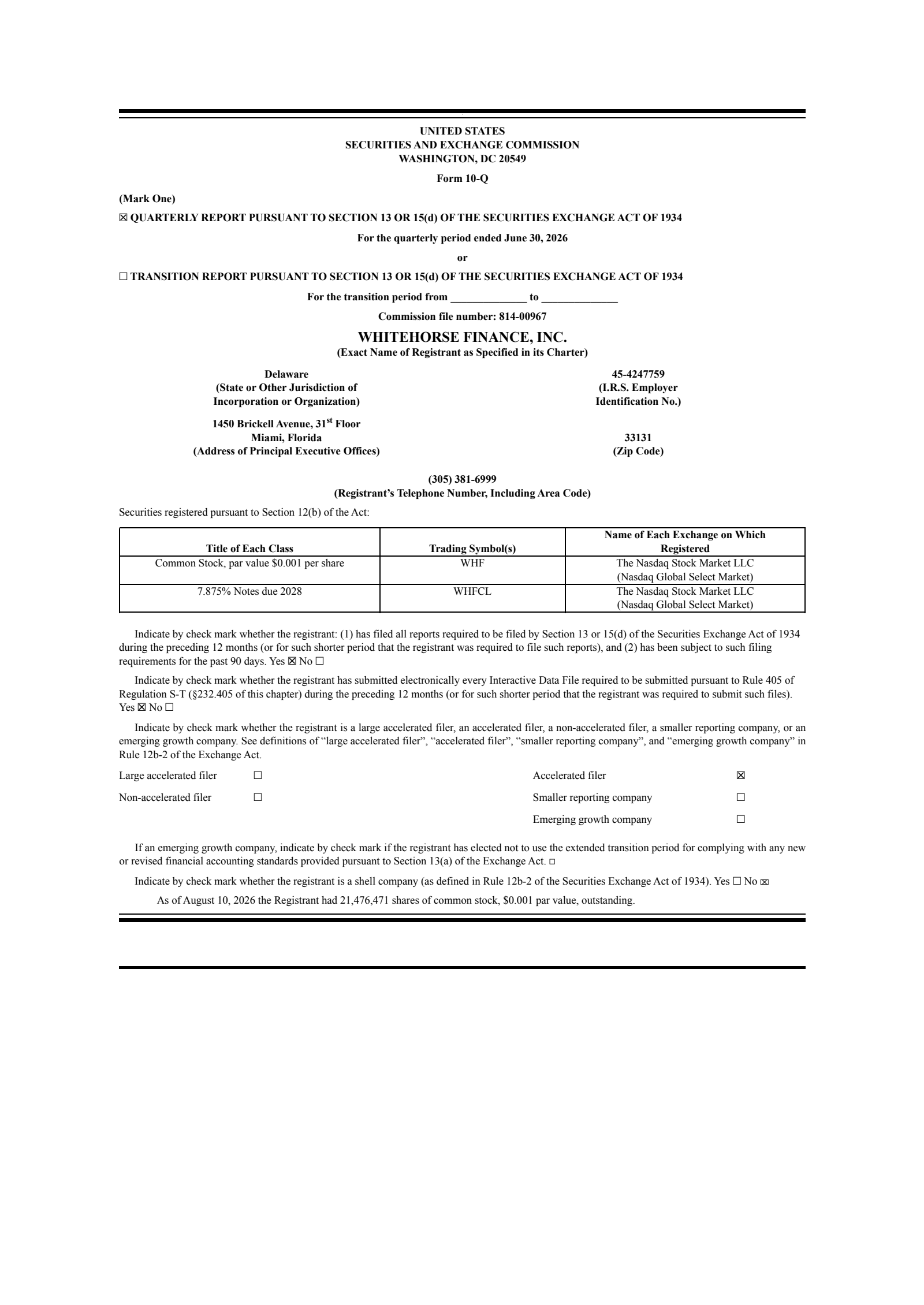 WhiteHorse Finance's Q2 2026 Quarterly report