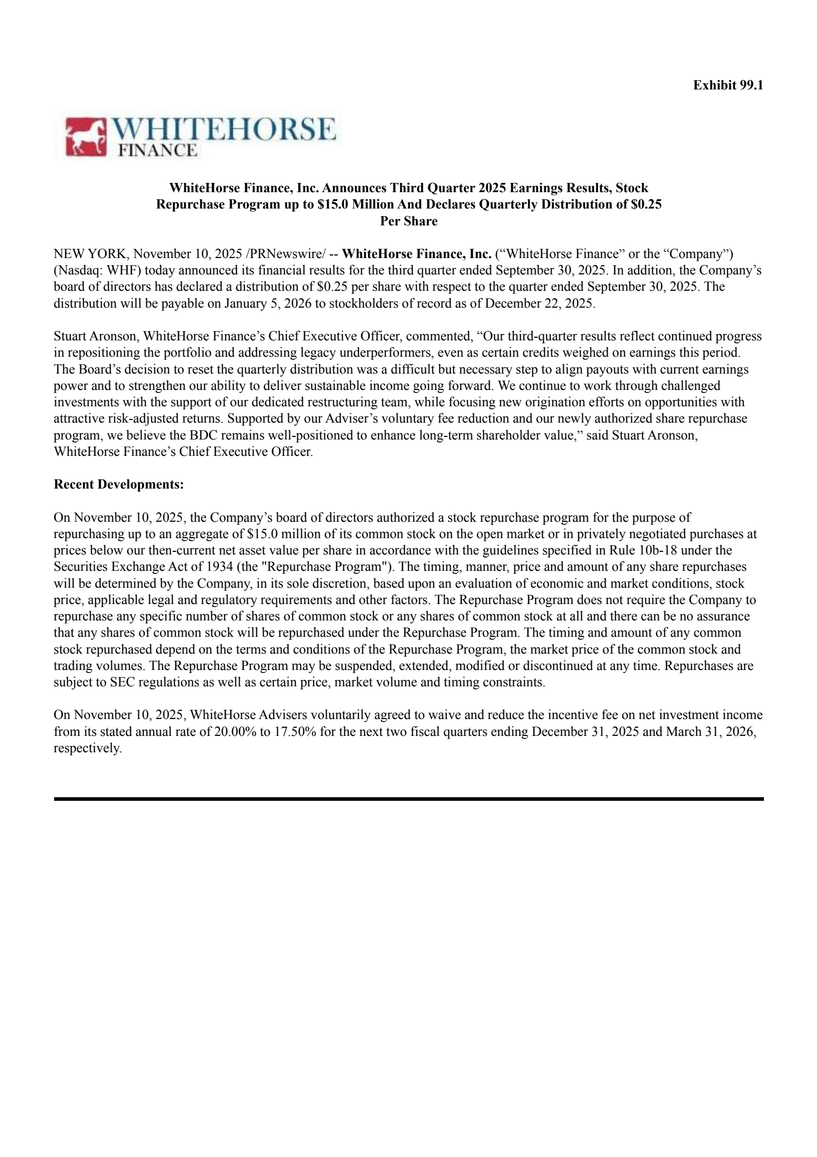 WhiteHorse Finance's Q3 2025 Earnings Release