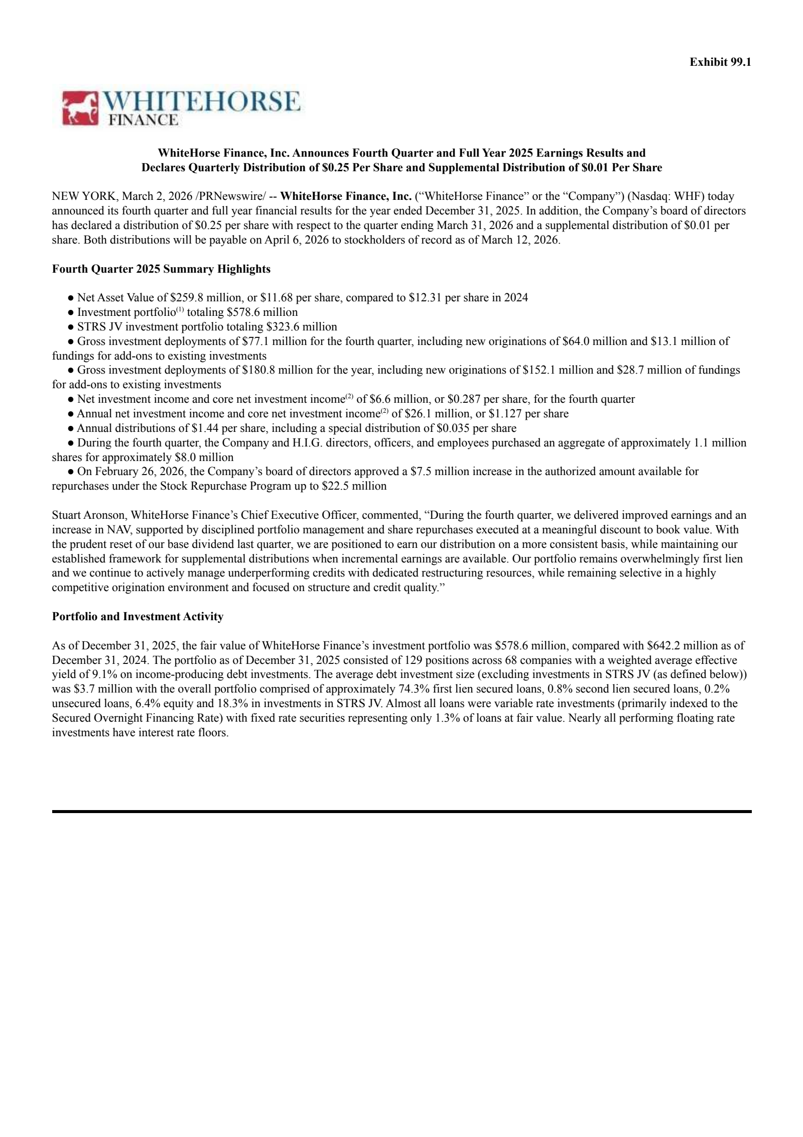 WhiteHorse Finance's Q4 2025 Press Release