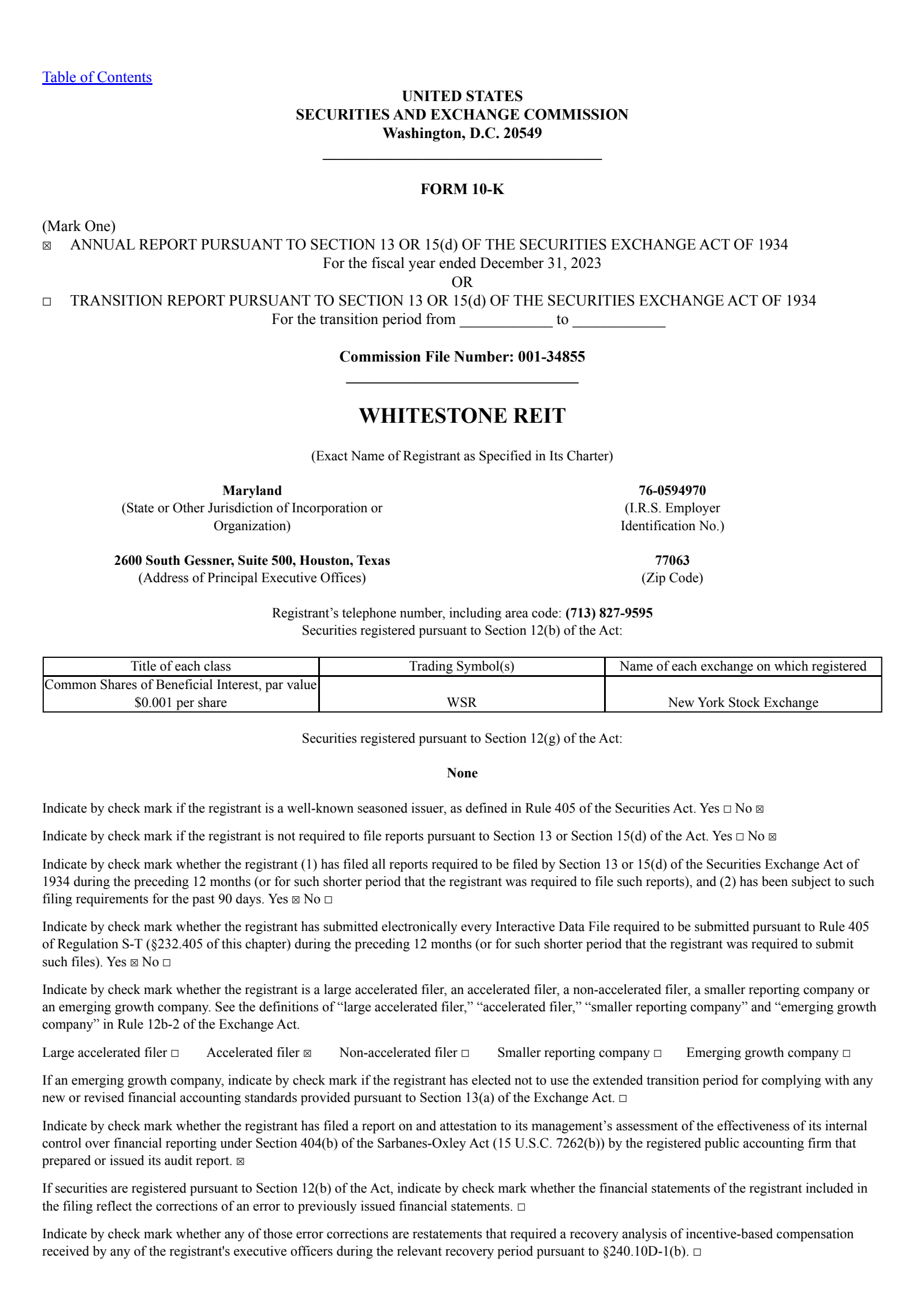Whitestone REIT's Q4 2023 Annual report