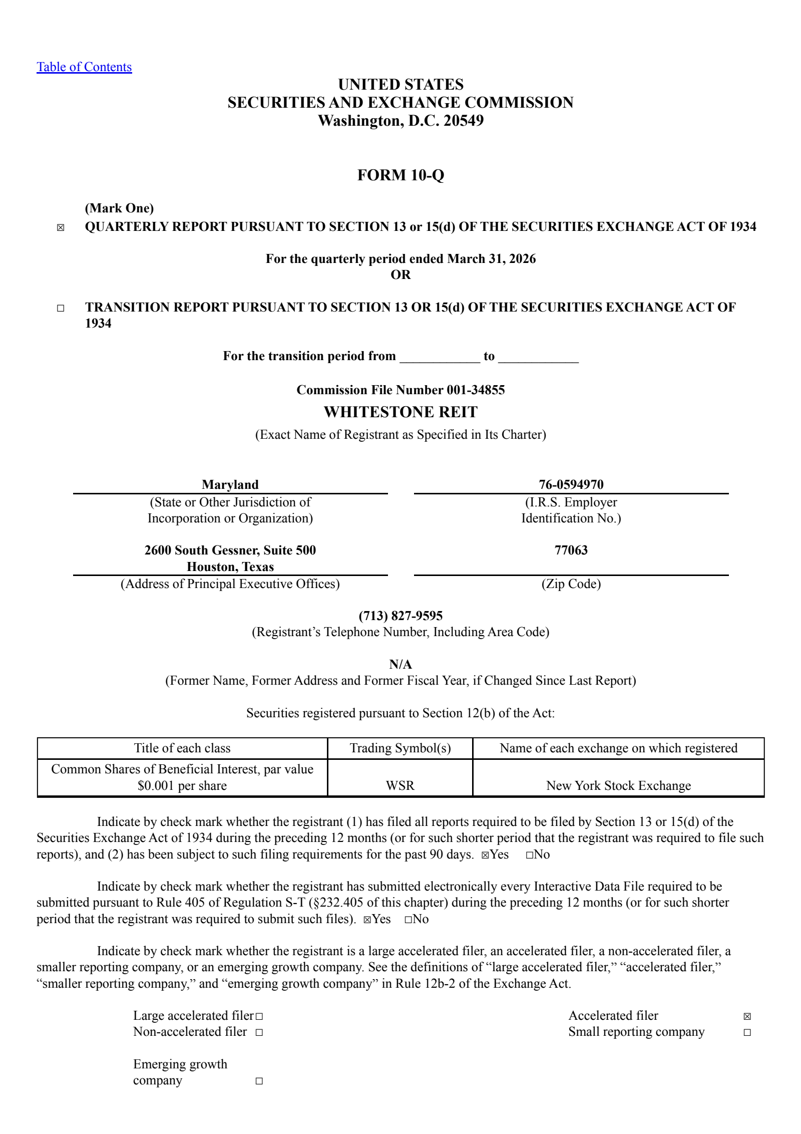 Whitestone REIT's Q1 2026 Quarterly report