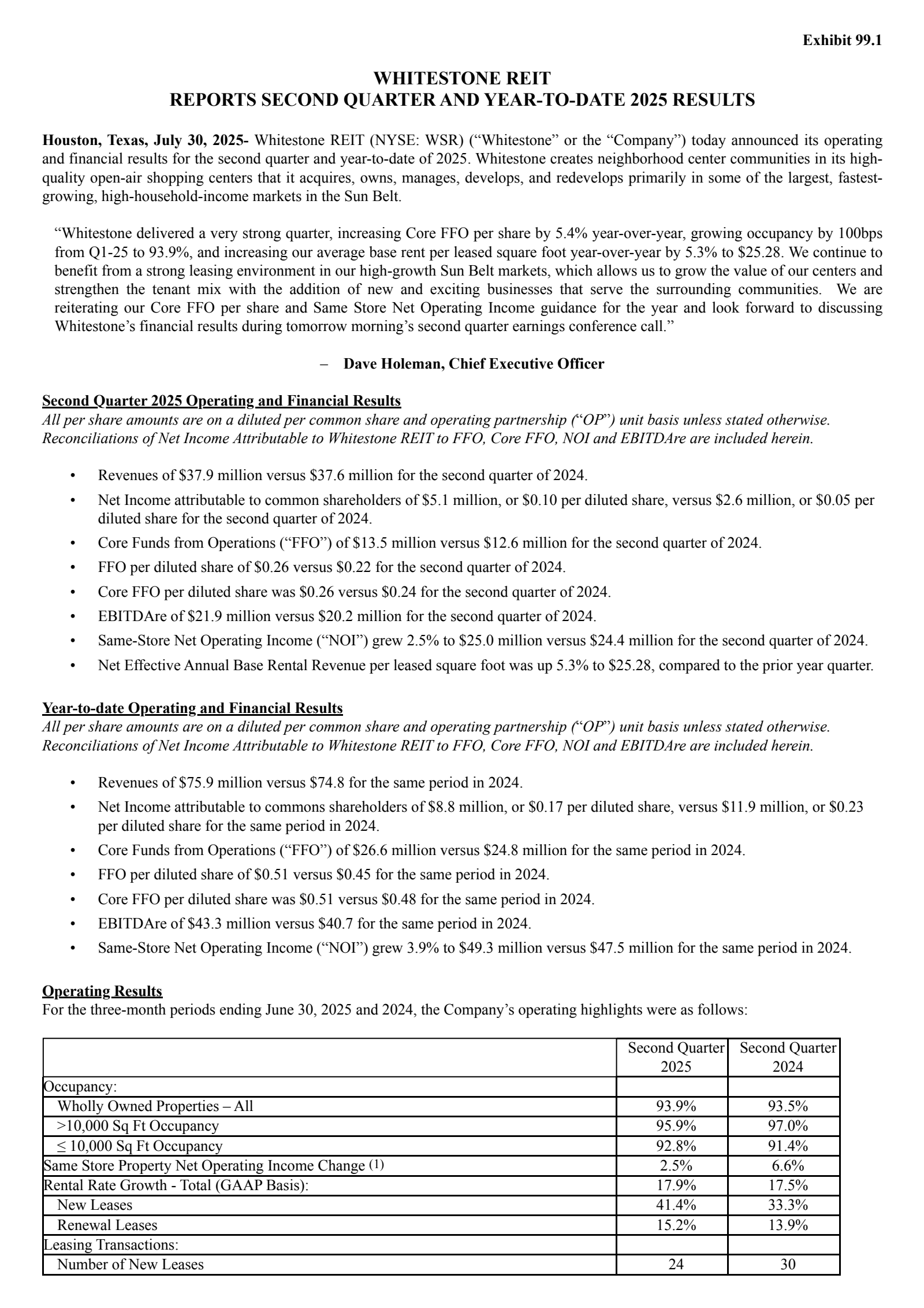Whitestone REIT's Q2 2025 Press Release