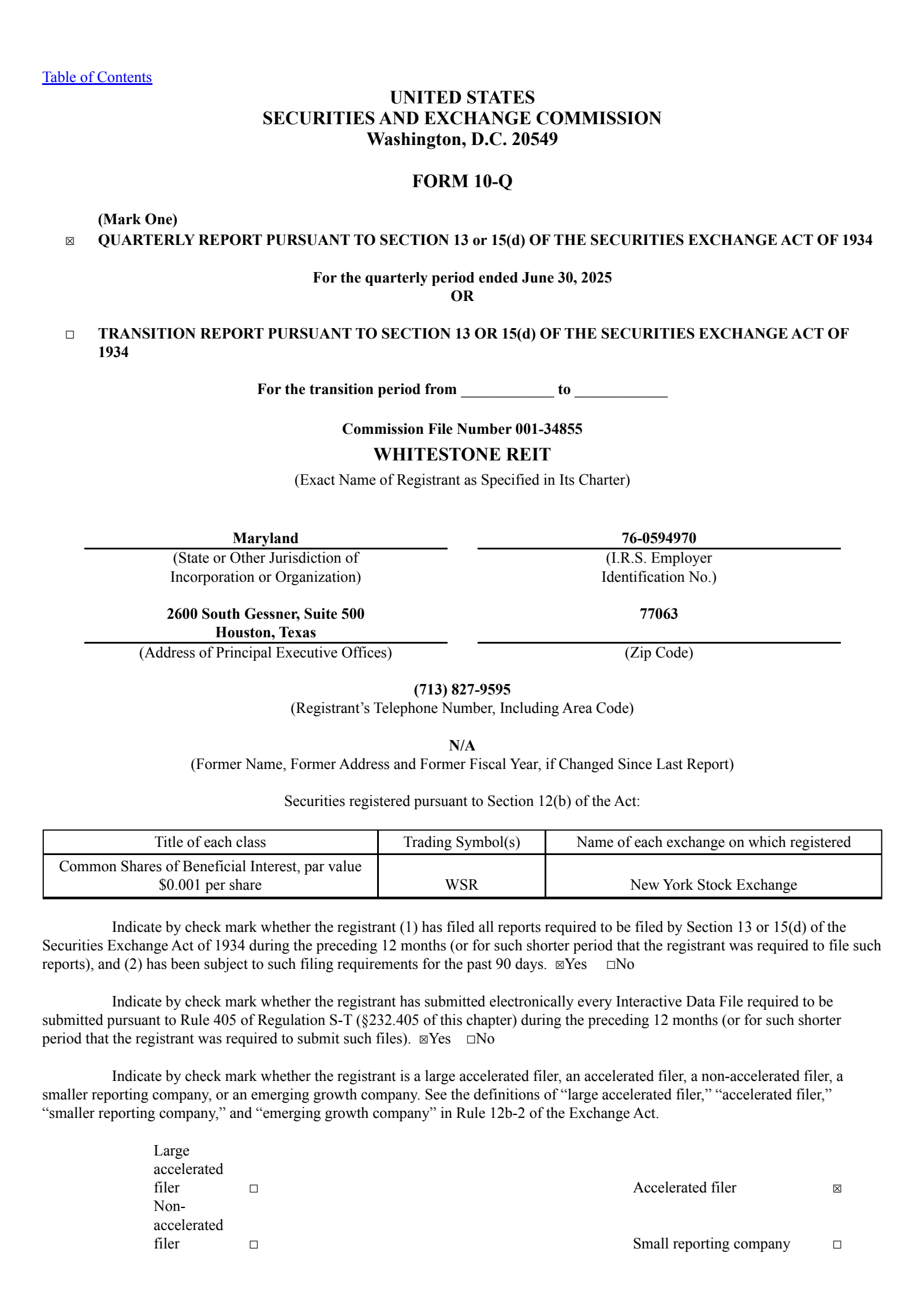 Whitestone REIT's Q2 2025 Quarterly report