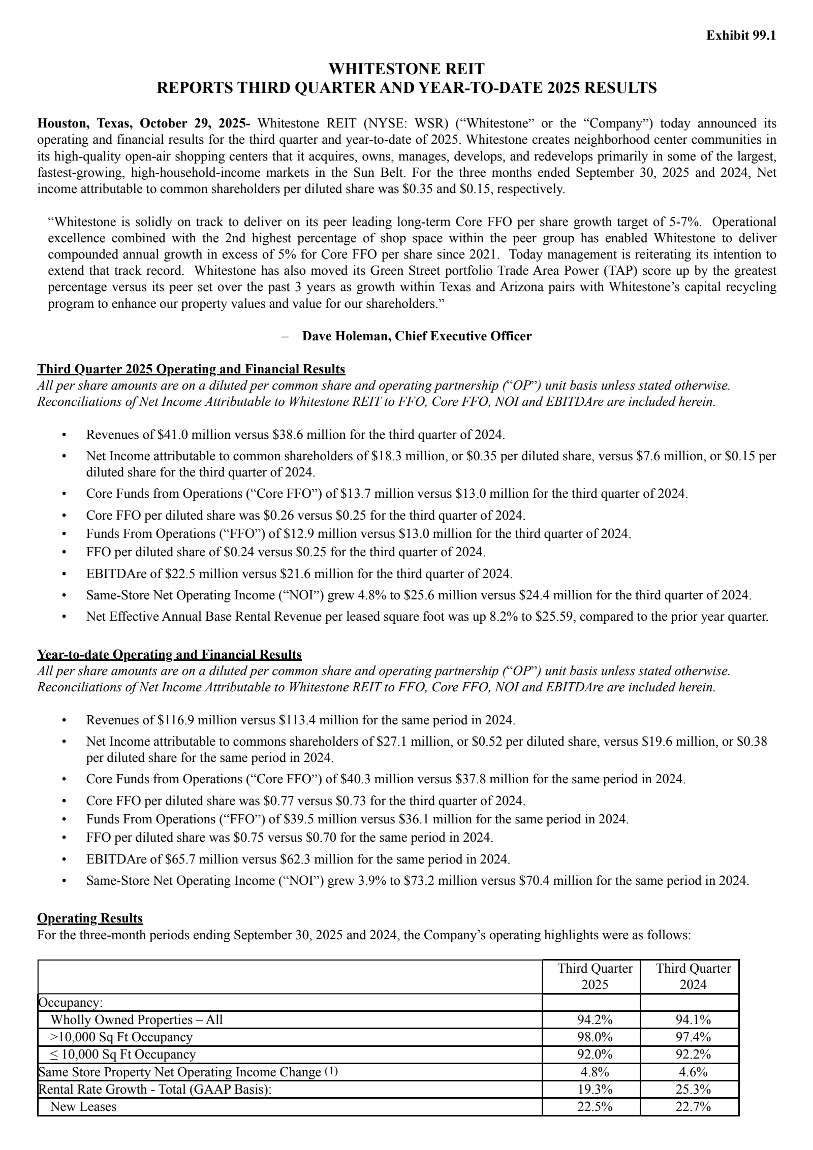 Whitestone REIT's Q3 2025 Earnings Release