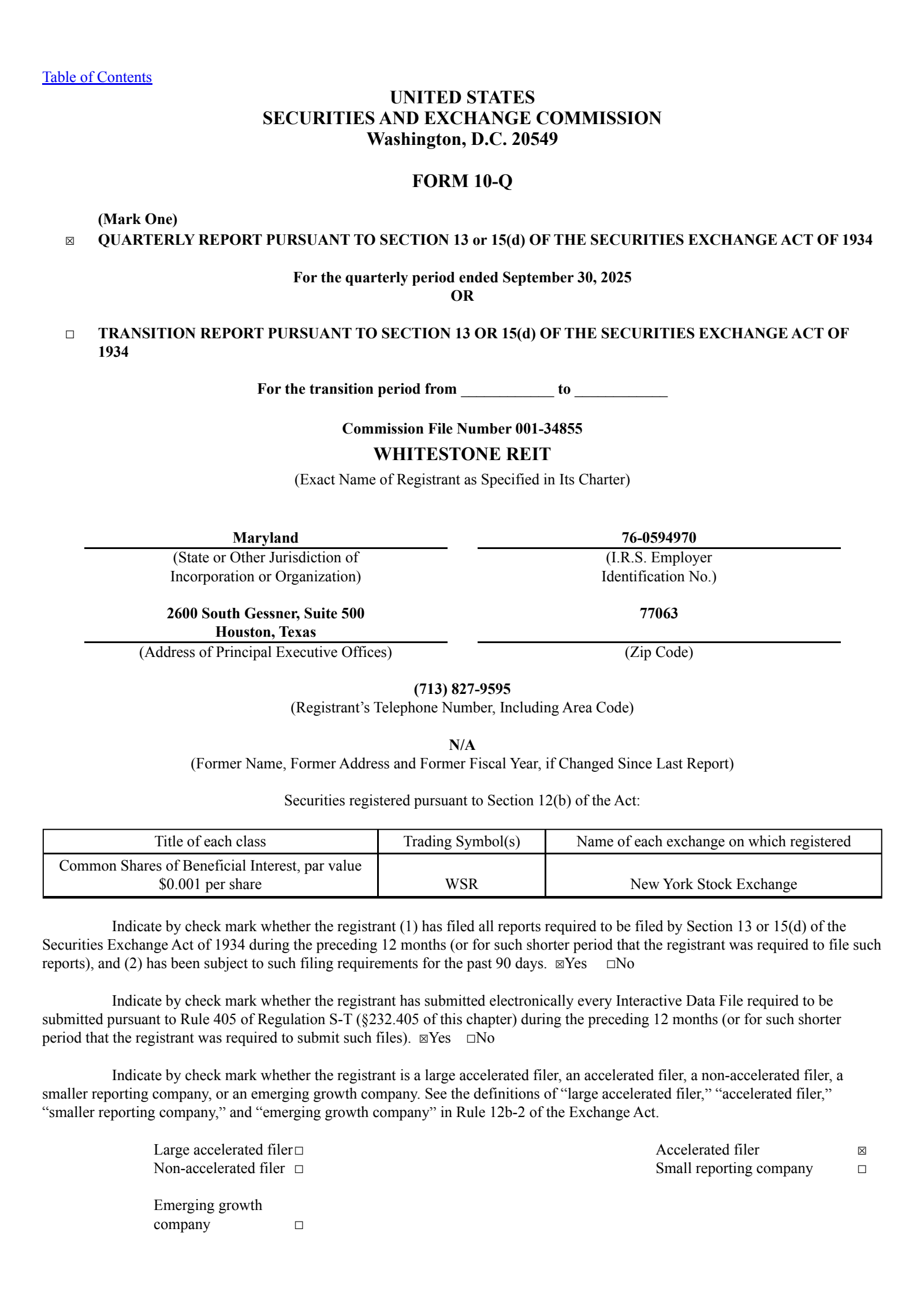 Whitestone REIT's Q3 2025 Quarterly Report