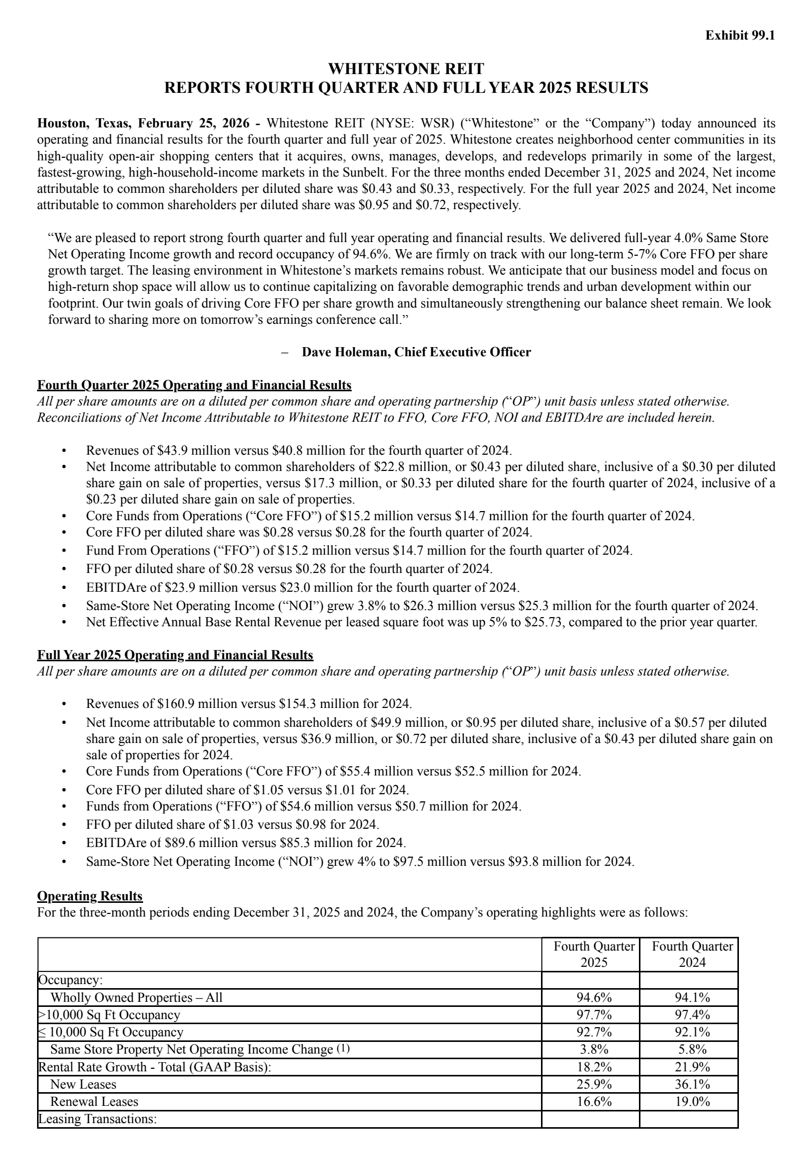 Whitestone REIT's Q4 2025 Press Release