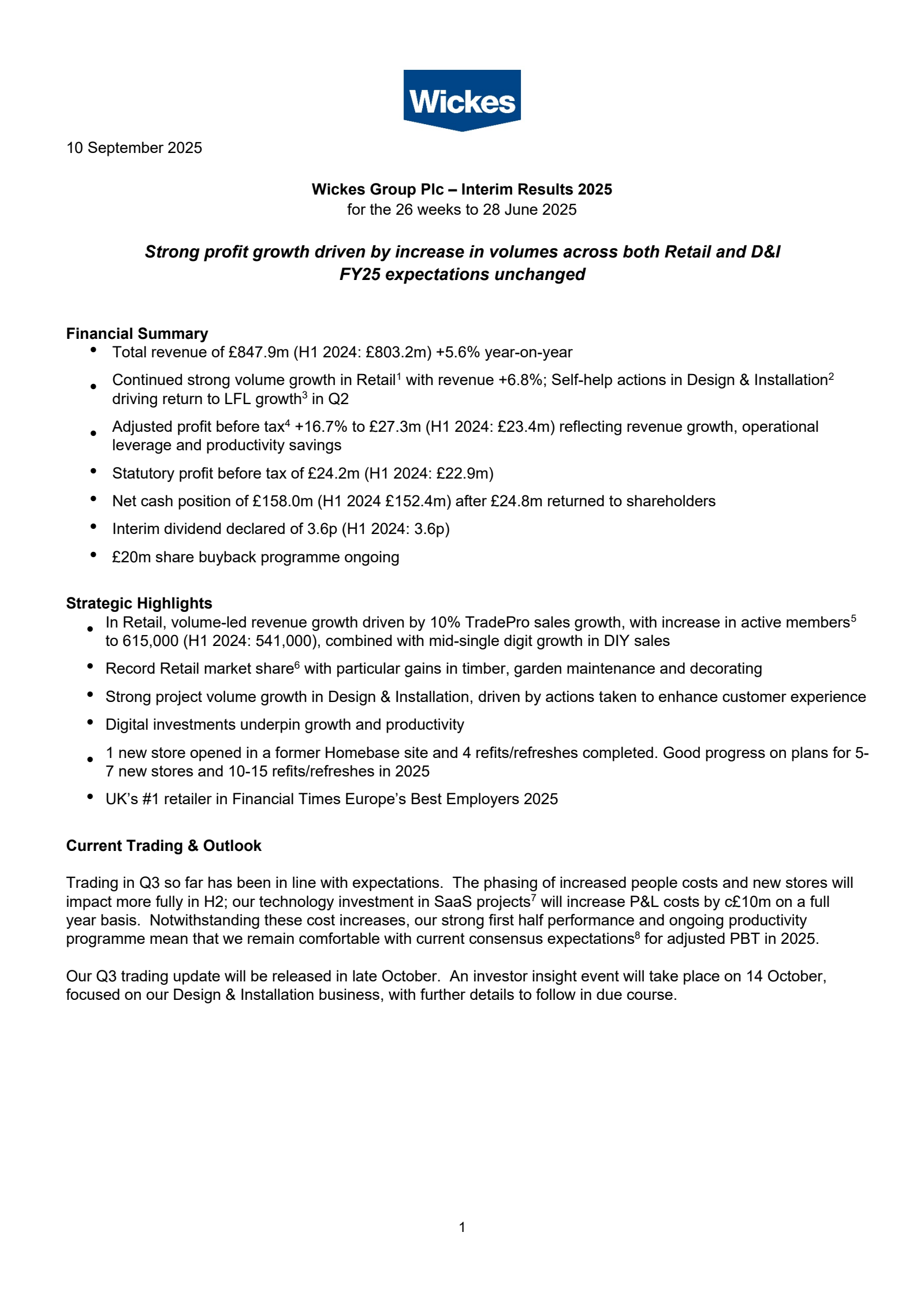 Wickes Group's H1 2025 Interim Report