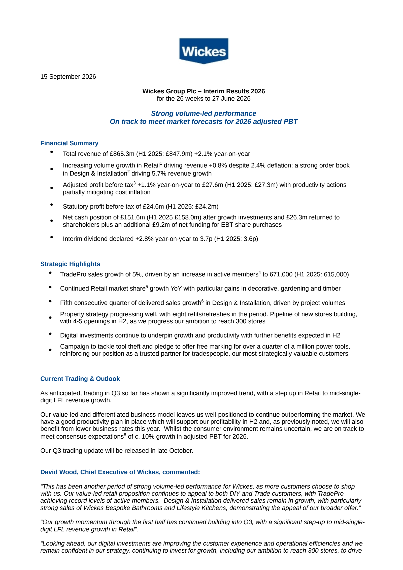 Wickes Group's H1 2026 Interim report
