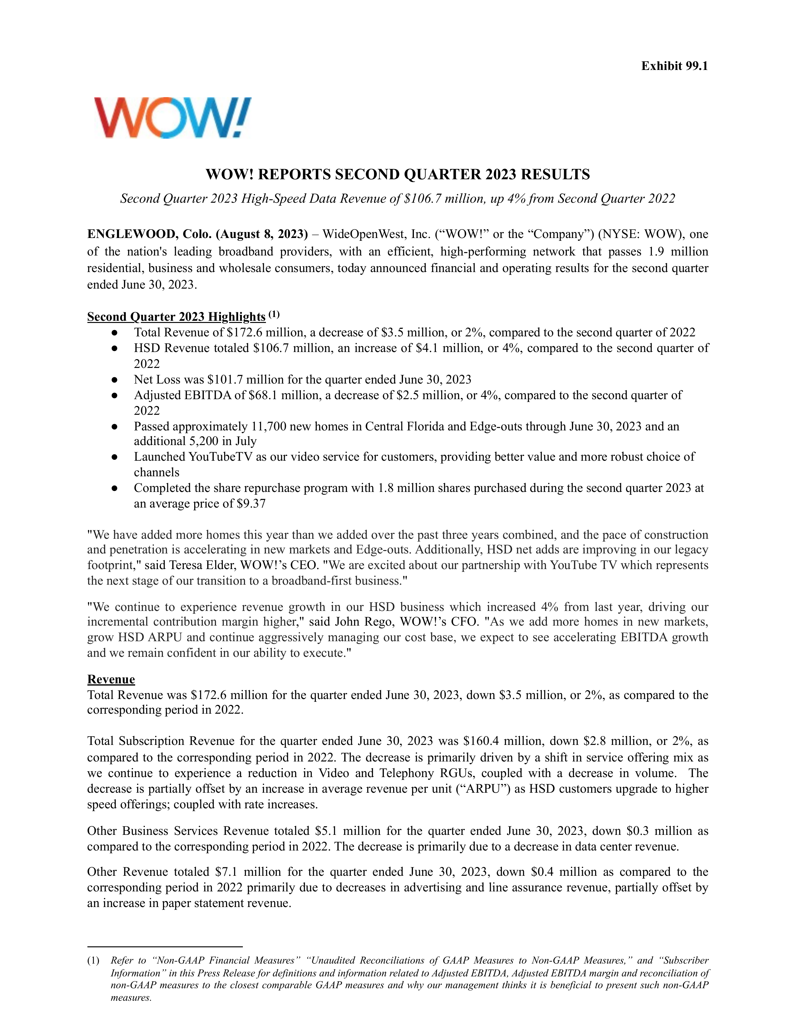 WideOpenWest's Q2 2023 Press Release