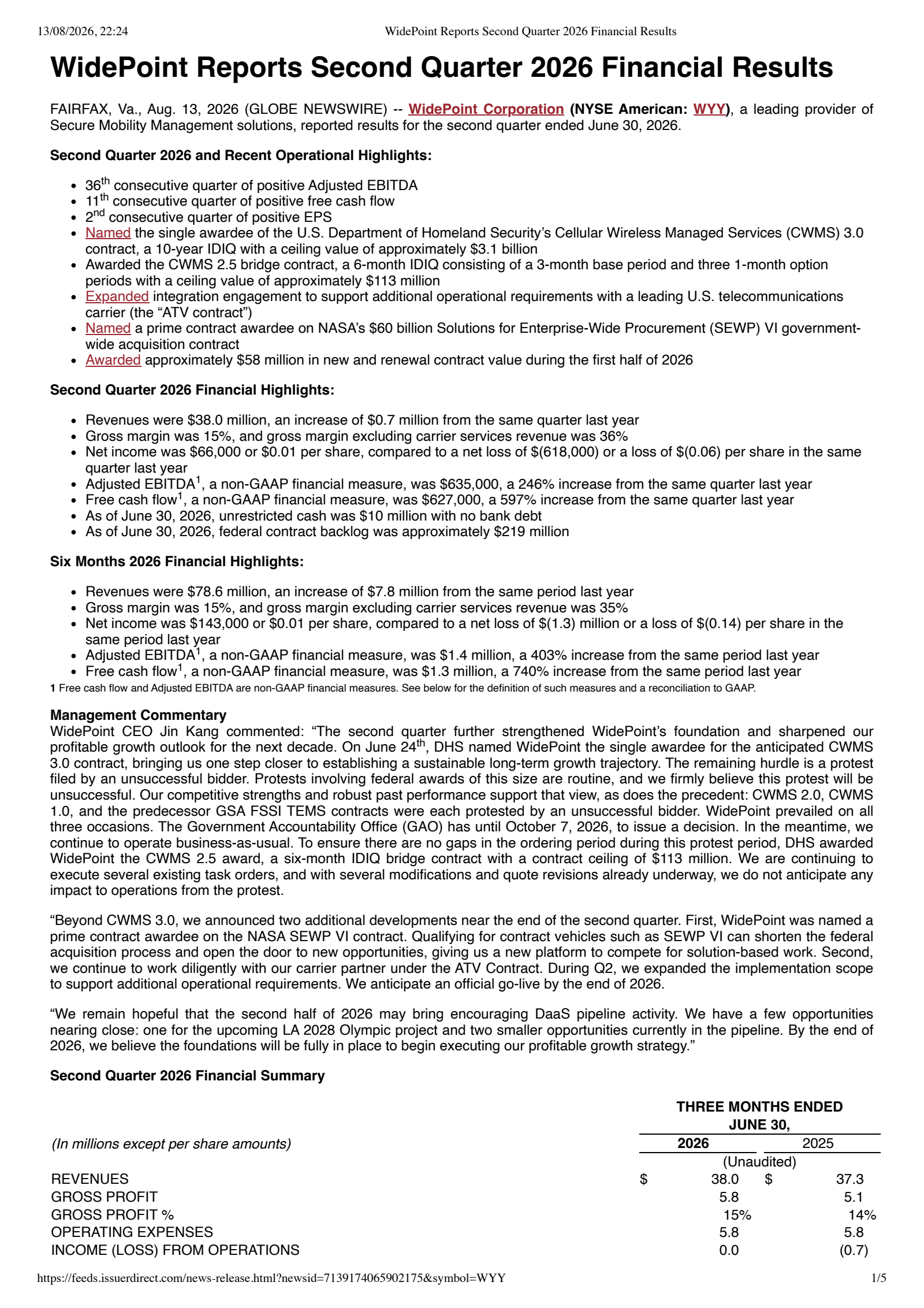 WidePoint's Q2 2026 Press Release