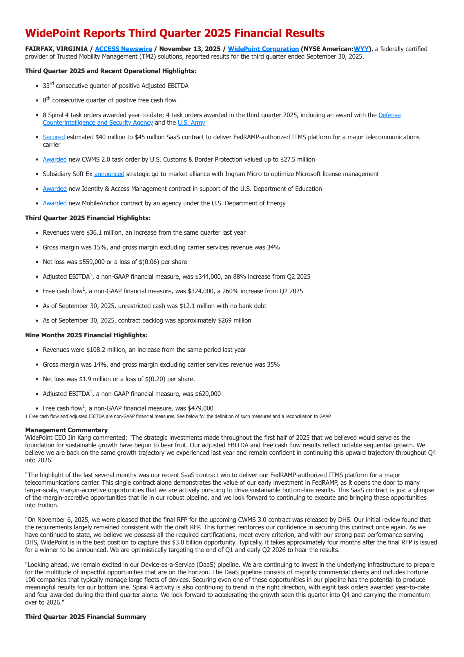 WidePoint's Q3 2025 Earnings Release