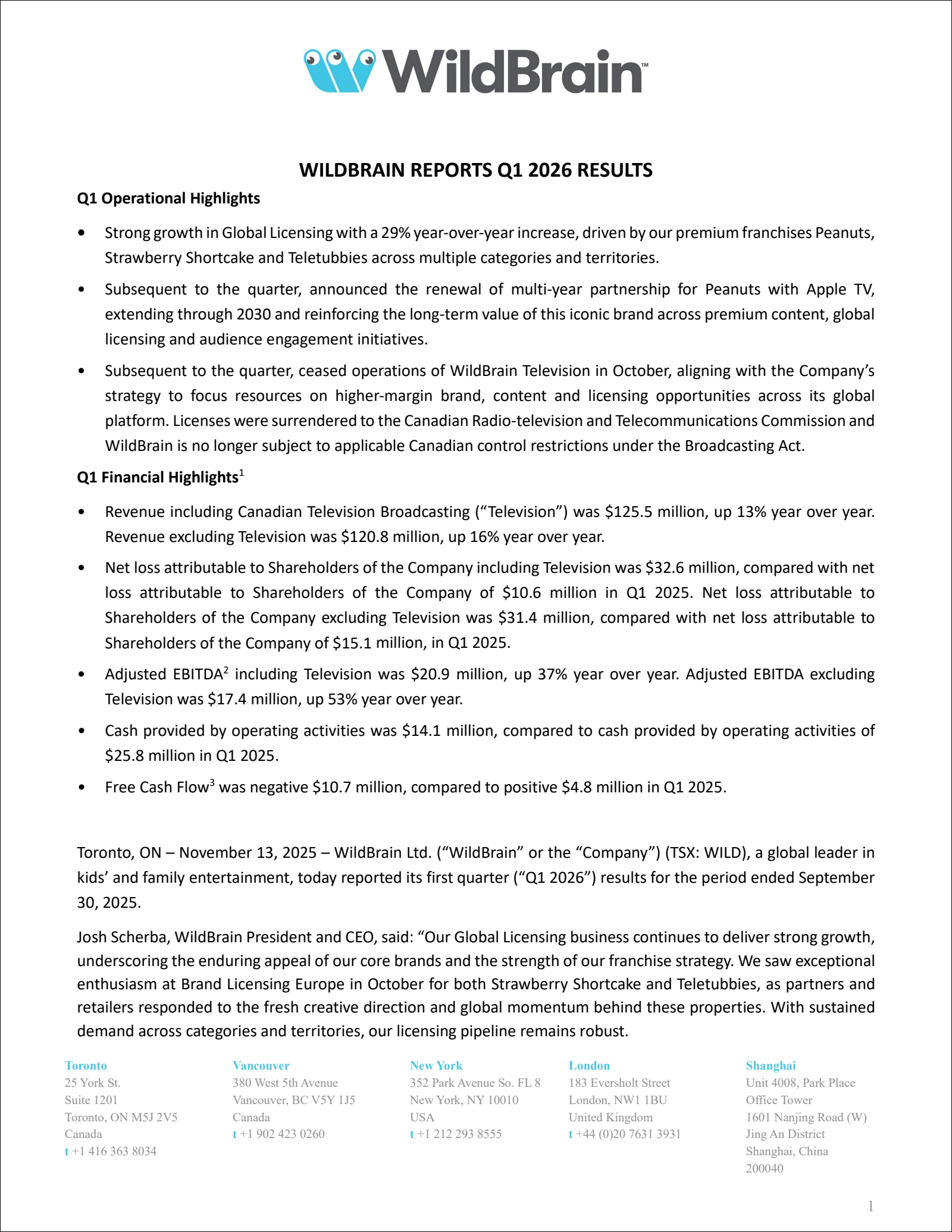 WildBrain's Q1 2026 Earnings Release