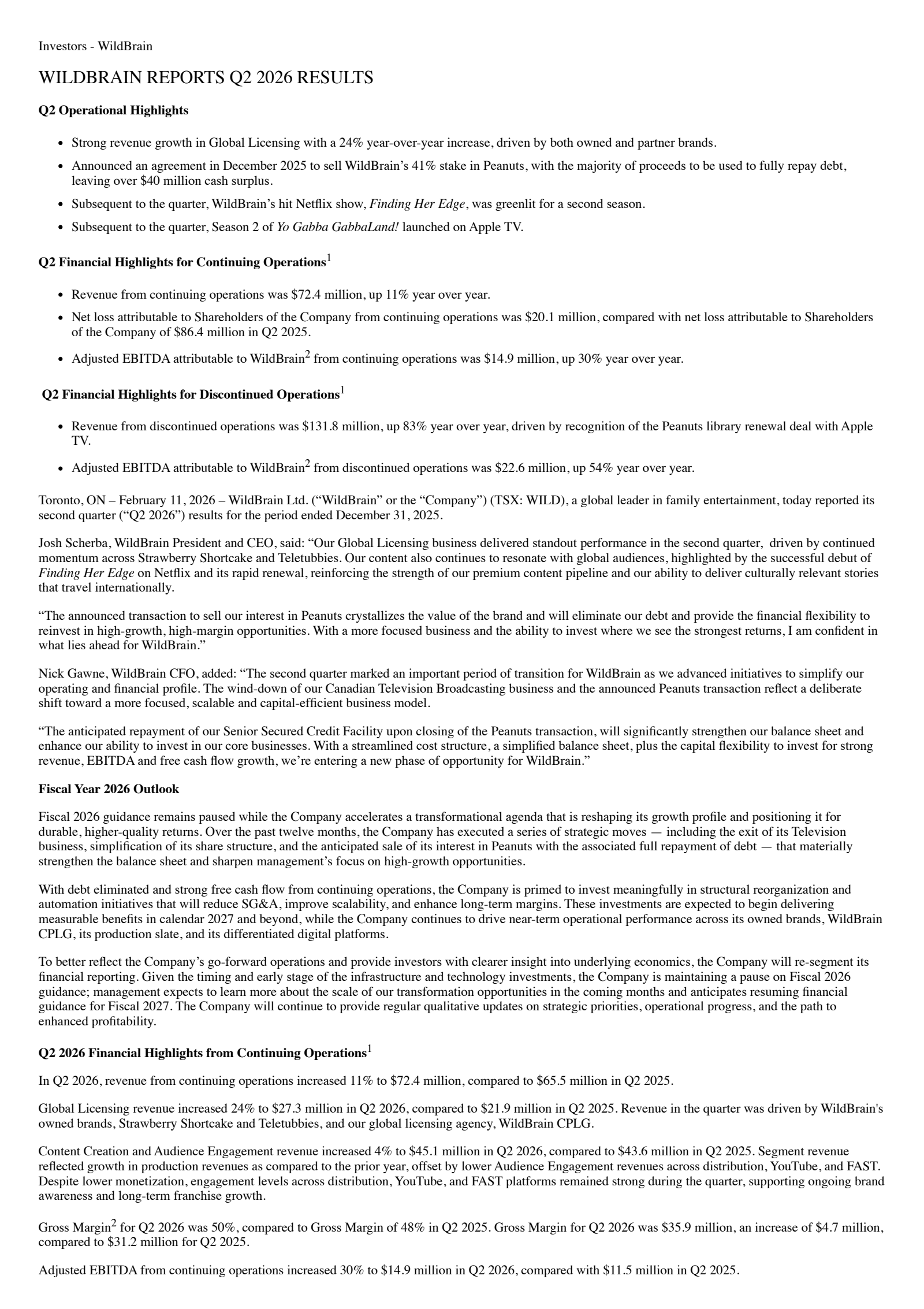 WildBrain's Q2 2026 Press Release