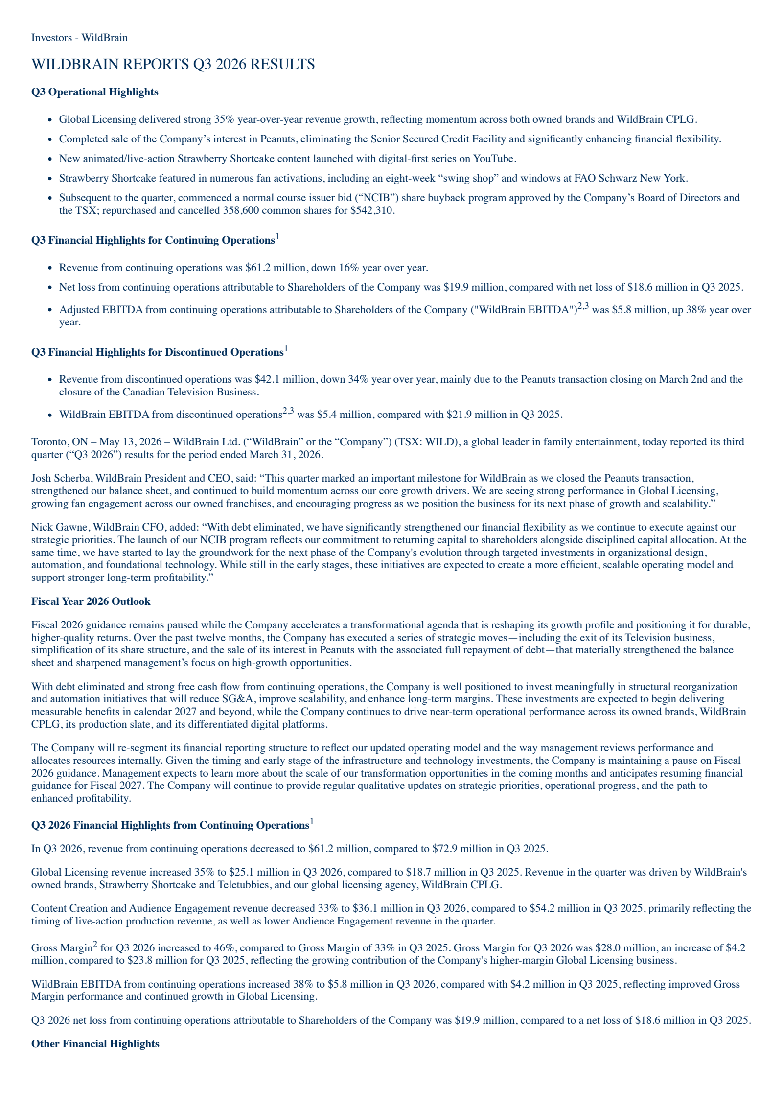 WildBrain's Q3 2026 Press Release