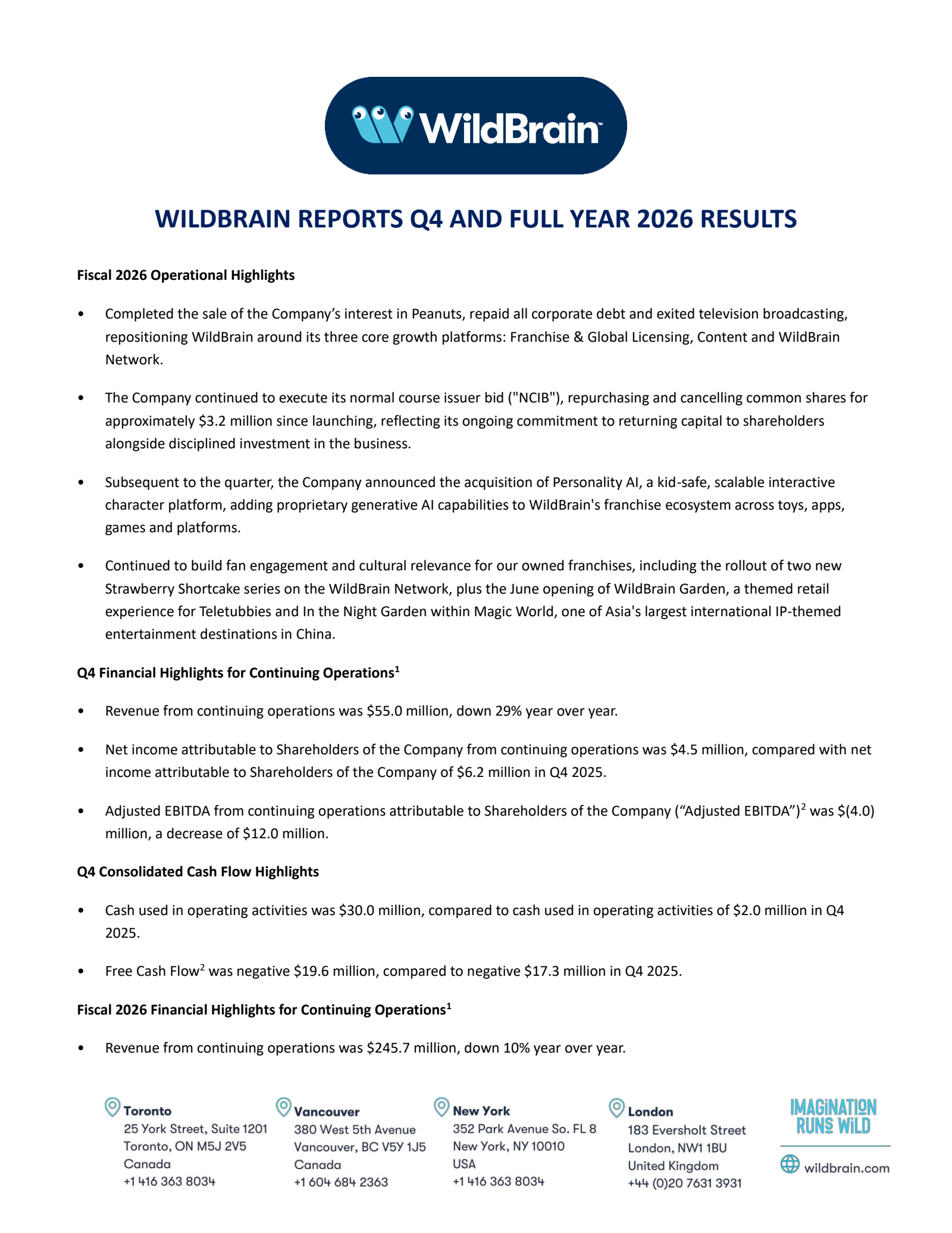WildBrain's Q4 2026 Press Release