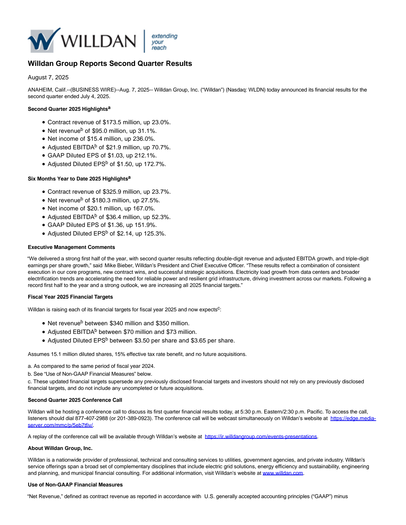 Willdan Group's Q2 2025 Press Release