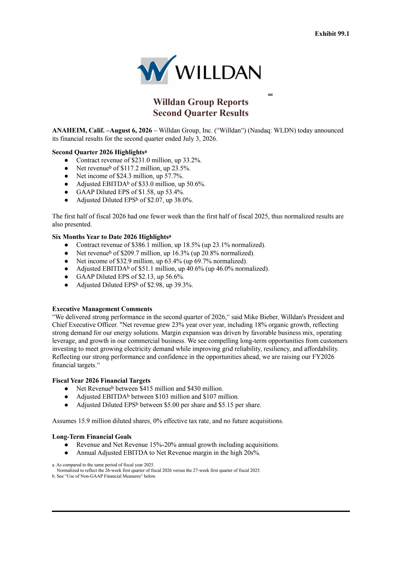 Willdan Group's Q2 2026 Press Release