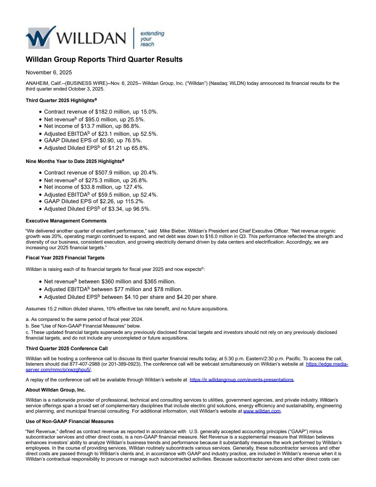 Willdan Group's Q3 2025 Earnings Release