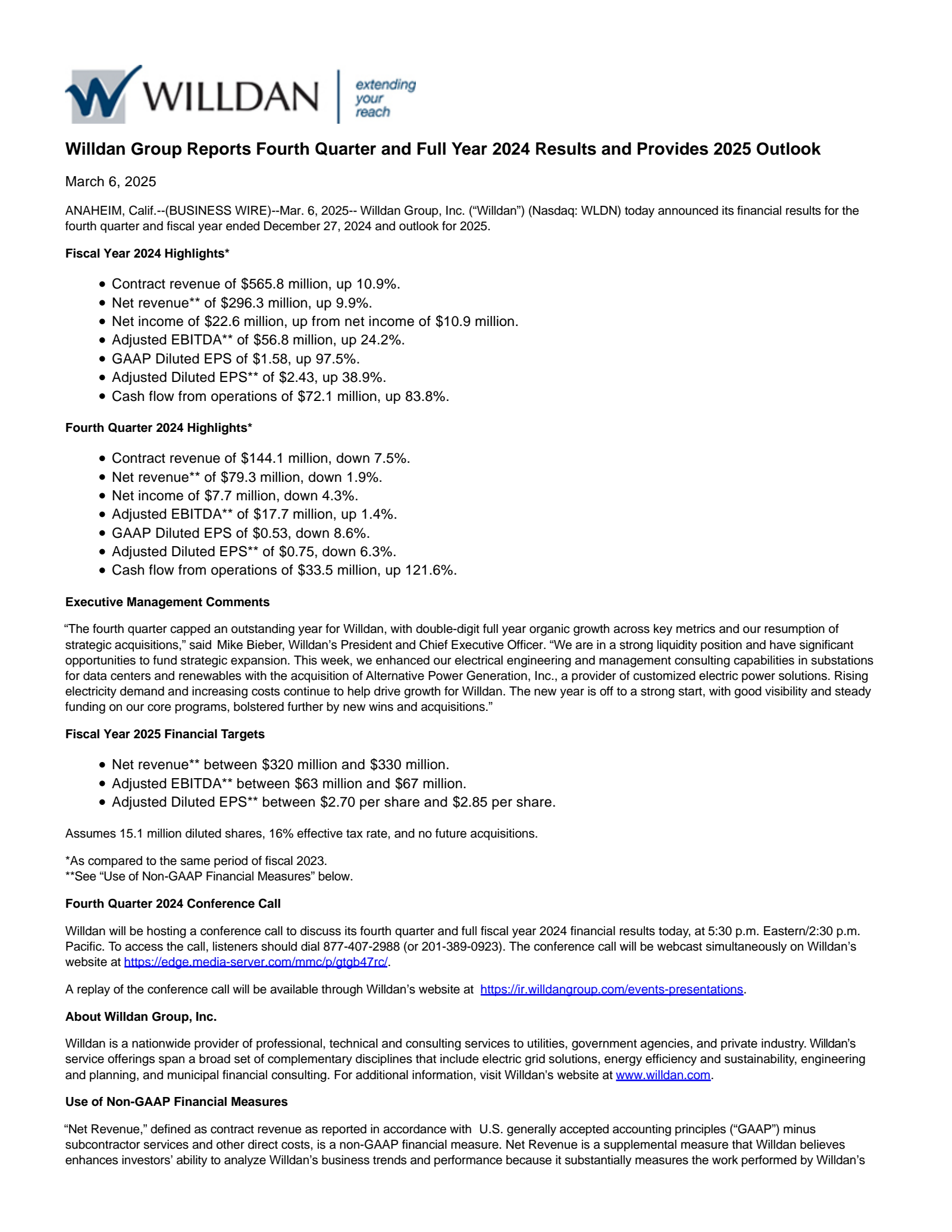 WLDN Q4 2024 Earnings Report on 3/6/2025