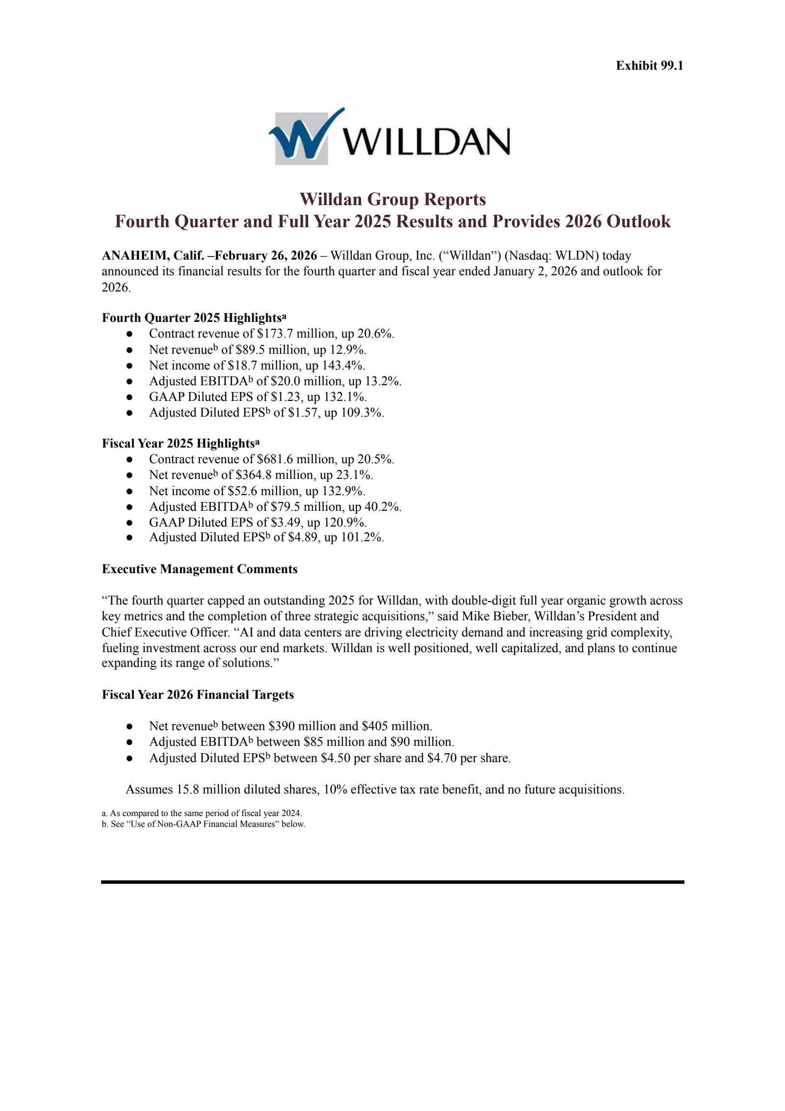 Willdan Group's Q4 2025 Press Release