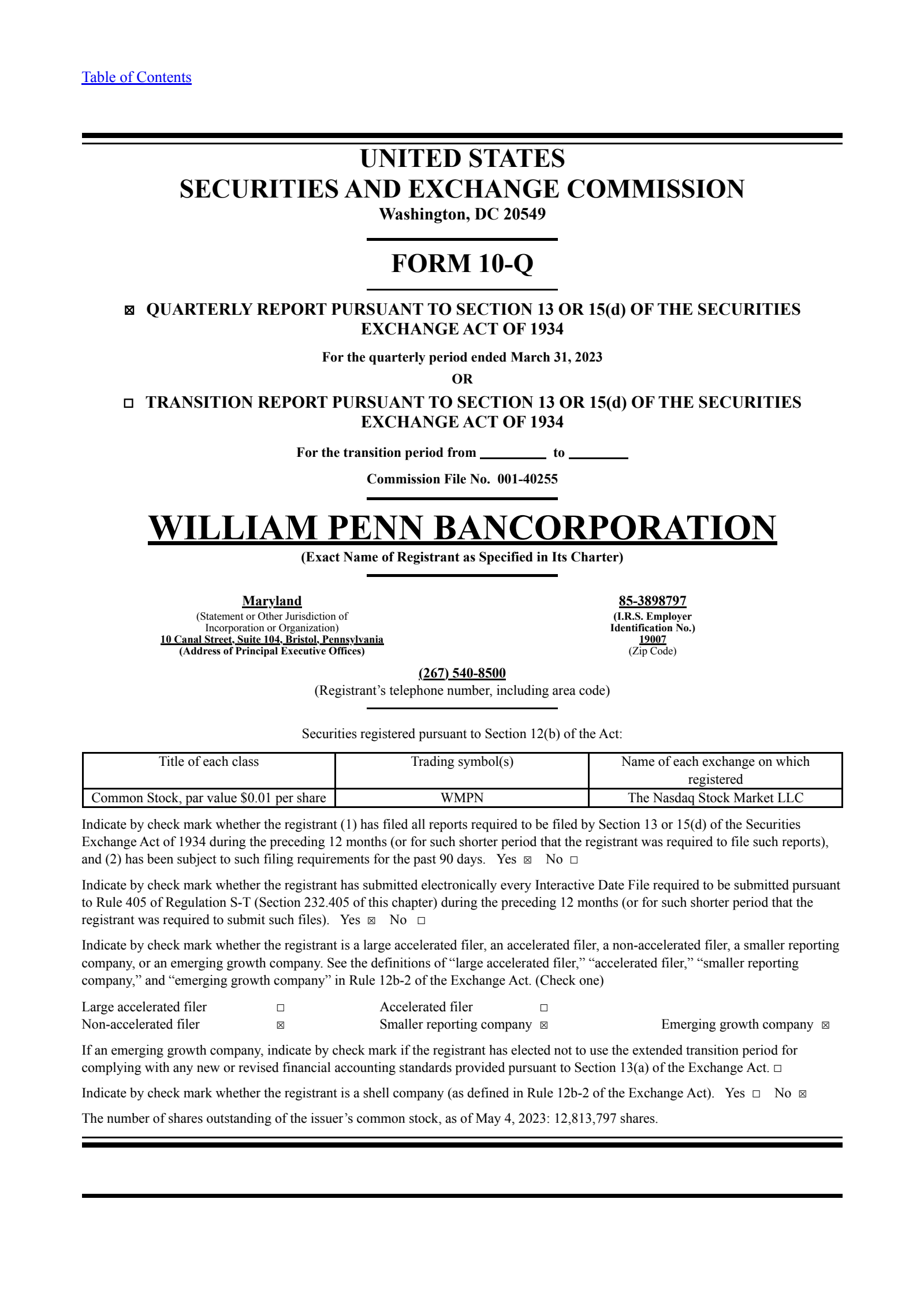 William Penn Bancorporation's Q3 2023 Quarterly report