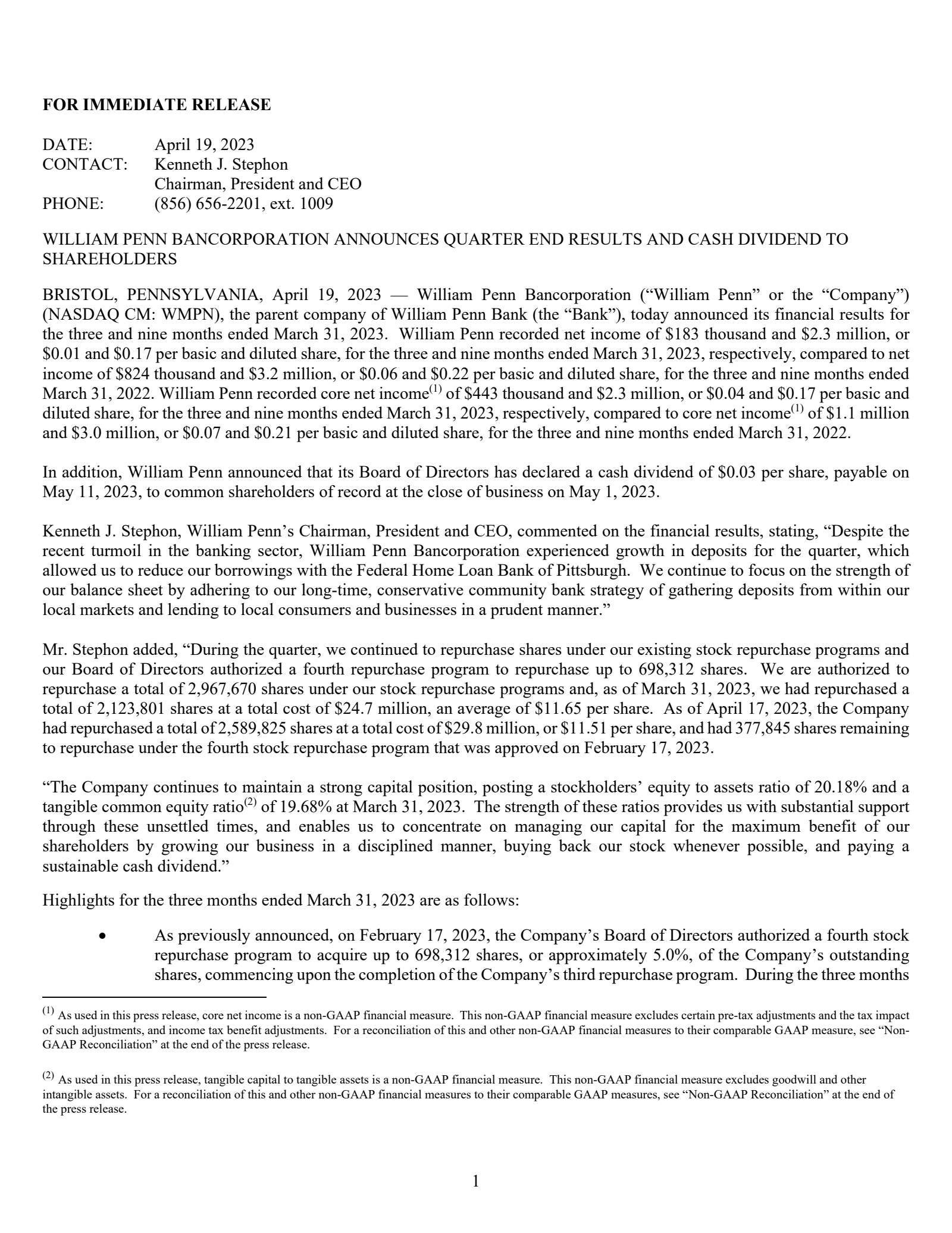 William Penn Bancorporation's Q3 2023 Press Release