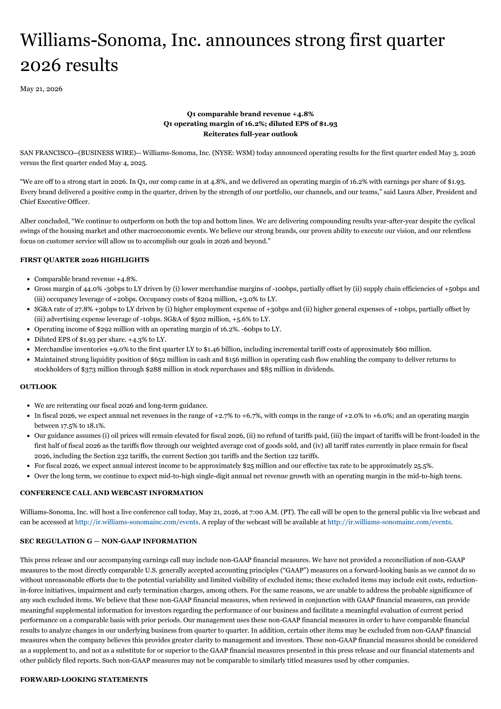 Williams-Sonoma's Q1 2026 Press Release
