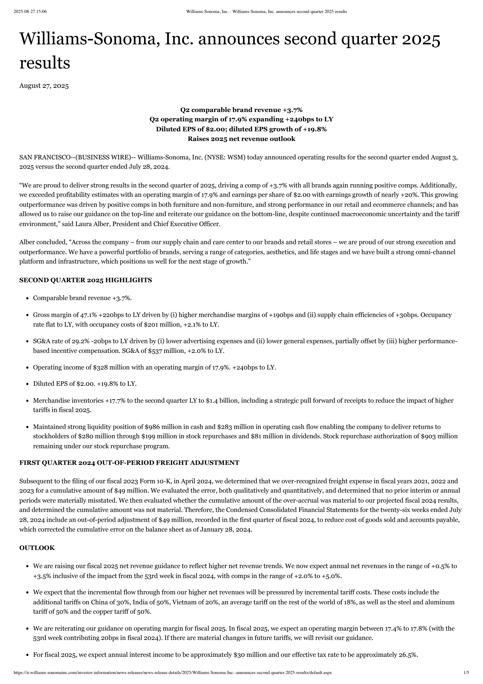 Williams-Sonoma's Q2 2026 Press Release