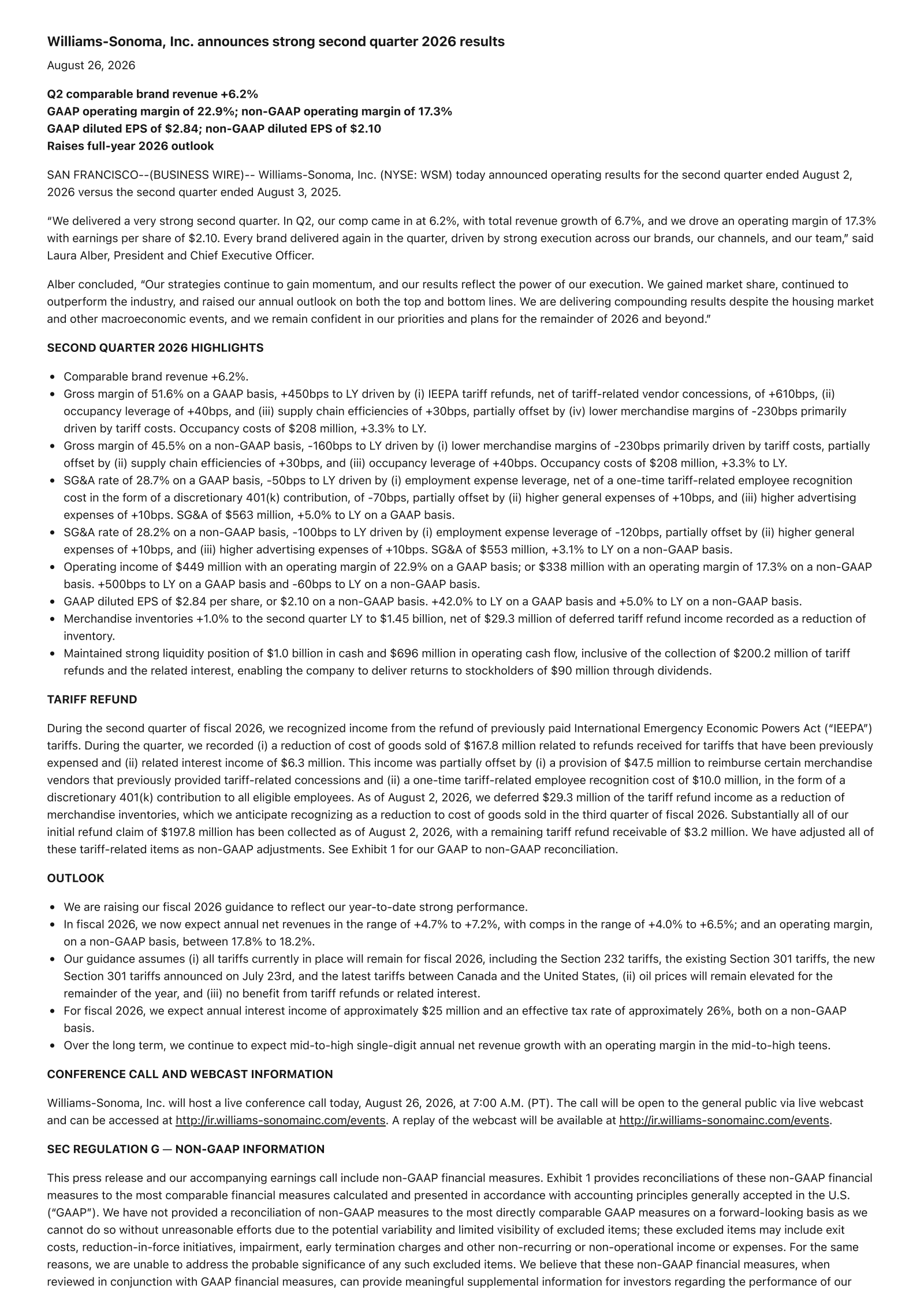 Williams-Sonoma's Q2 2026 Press Release