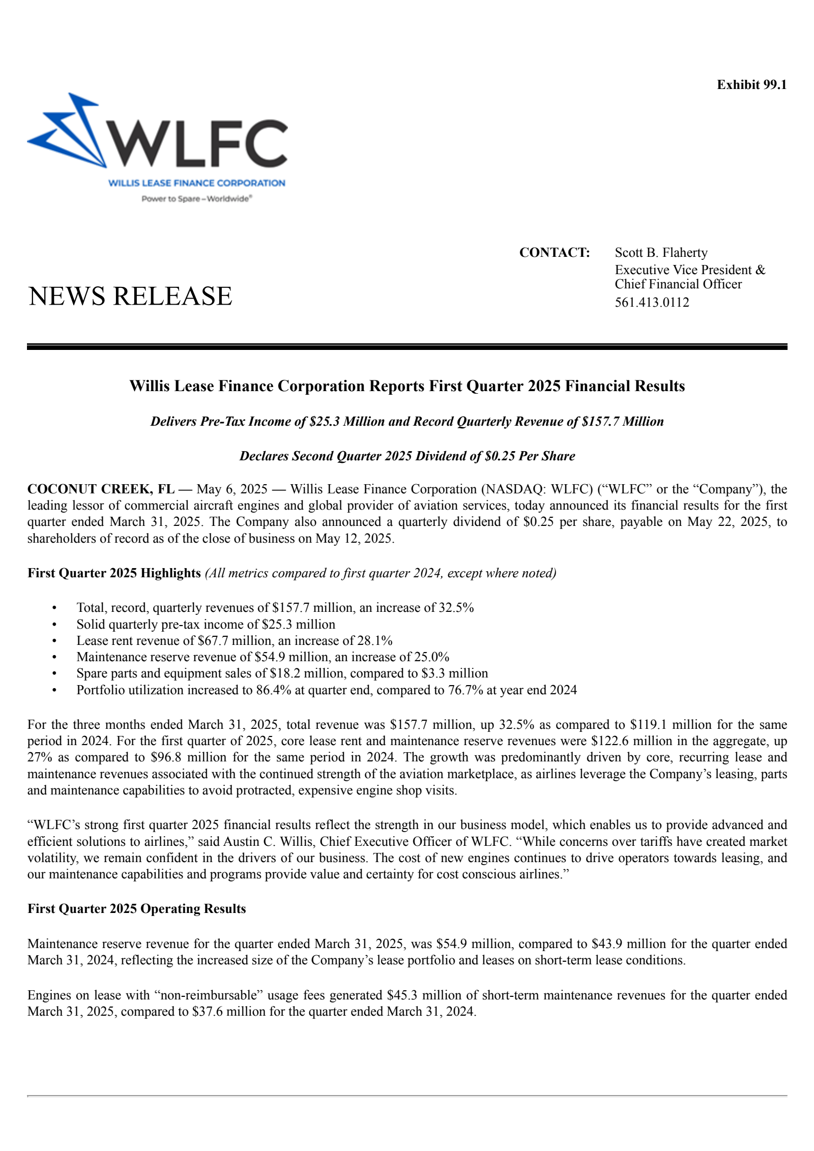 Willis Lease Finance's Q1 2025 Press Release