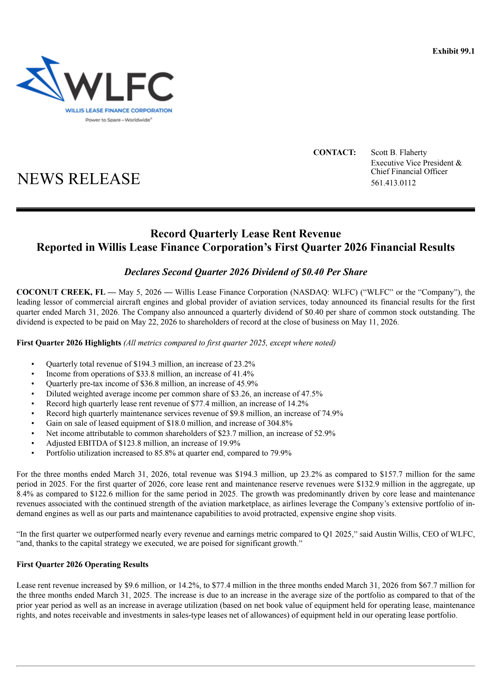 Willis Lease Finance's Q1 2026 Press Release