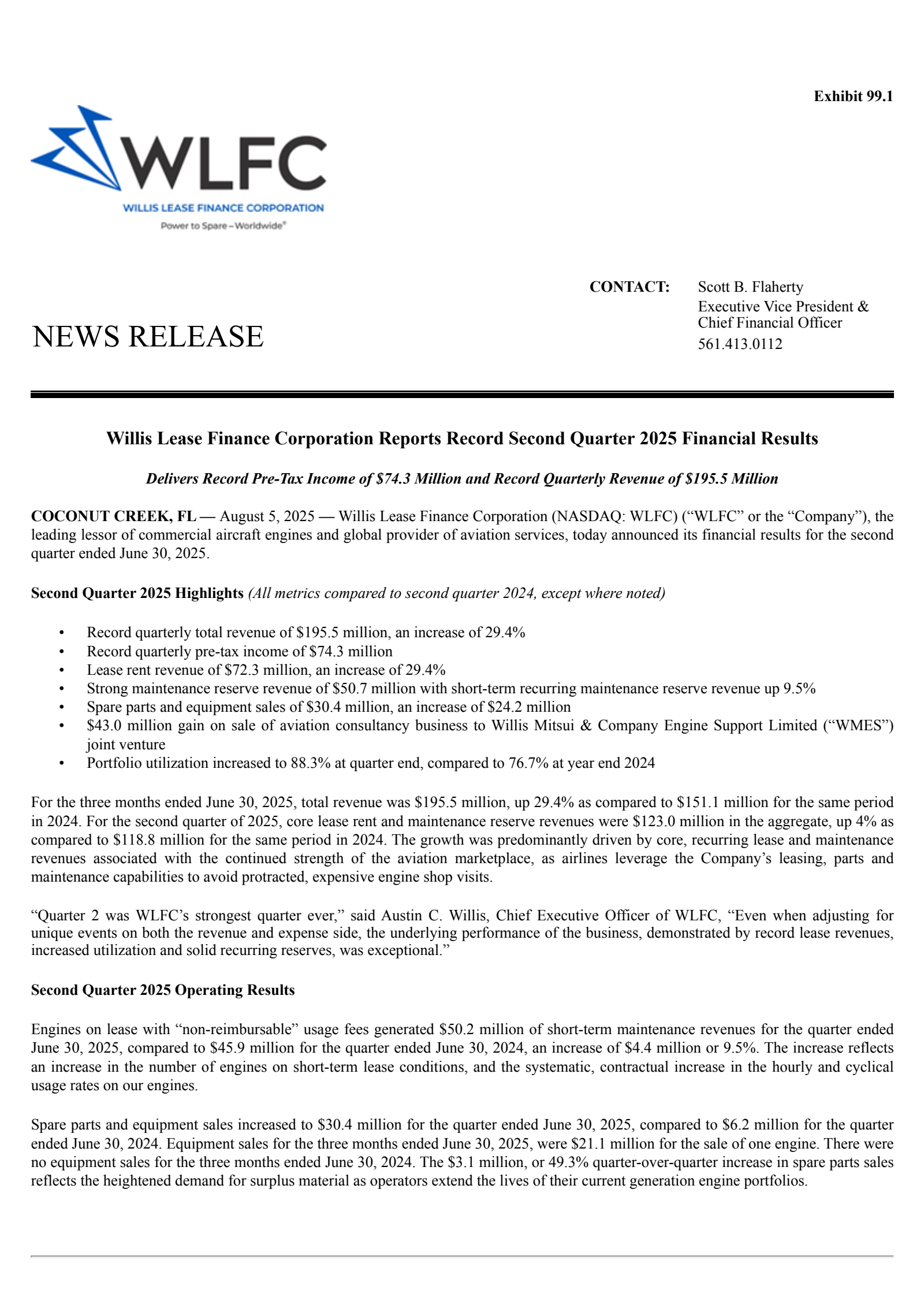 Willis Lease Finance's Q2 2025 Press Release