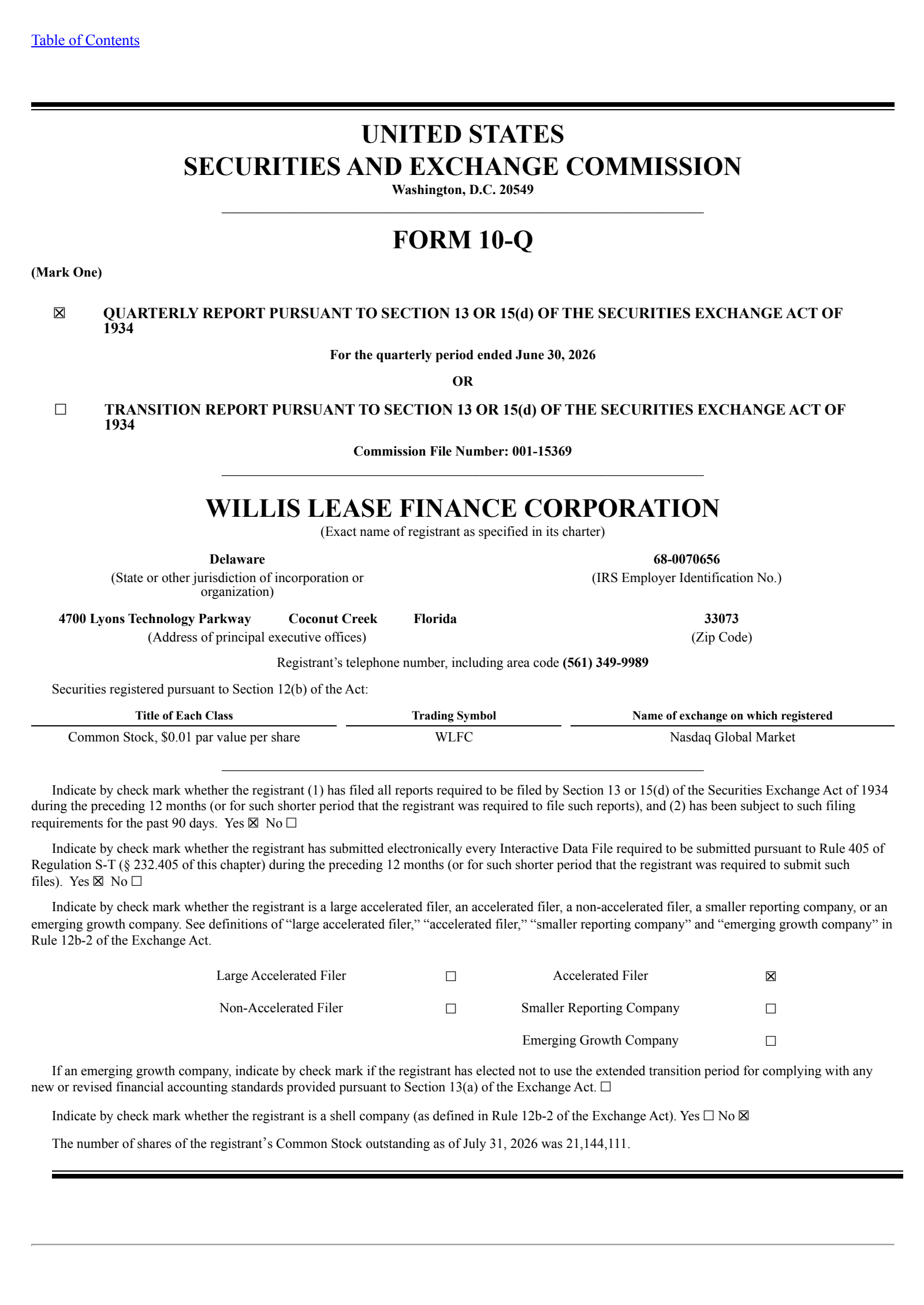 Willis Lease Finance's Q2 2026 Quarterly report