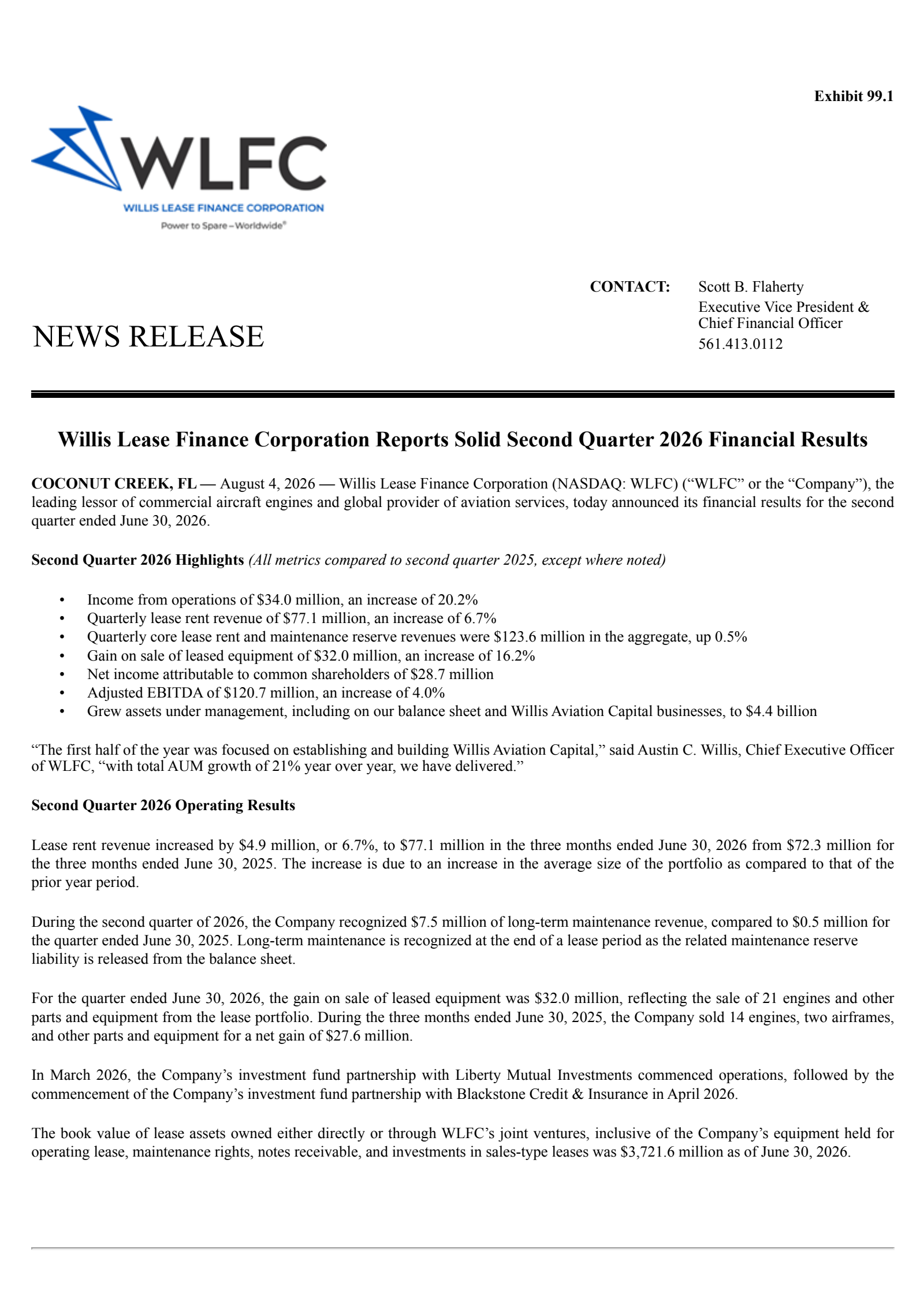 Willis Lease Finance's Q2 2026 Press Release