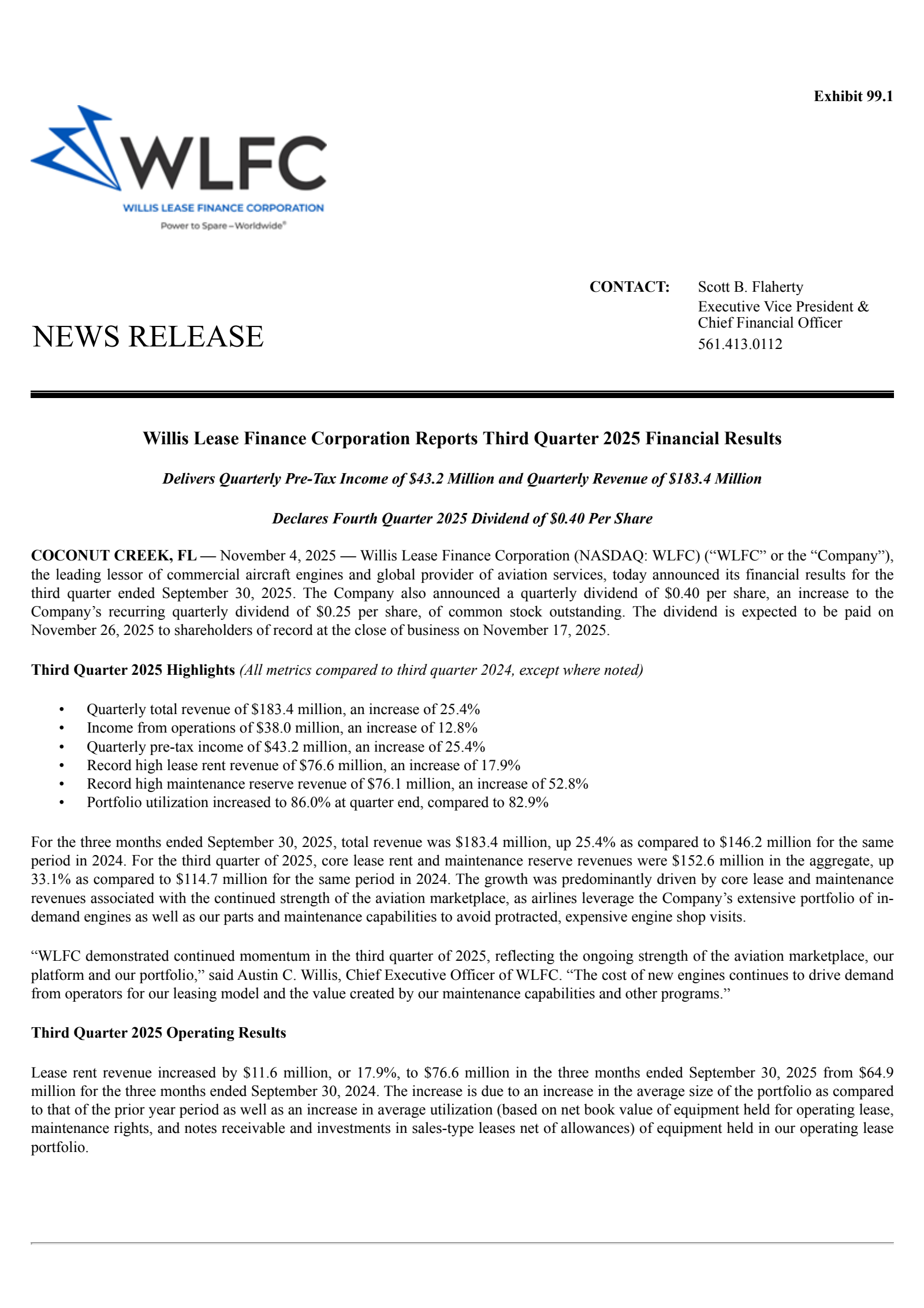 Willis Lease Finance's Q3 2025 Earnings Release