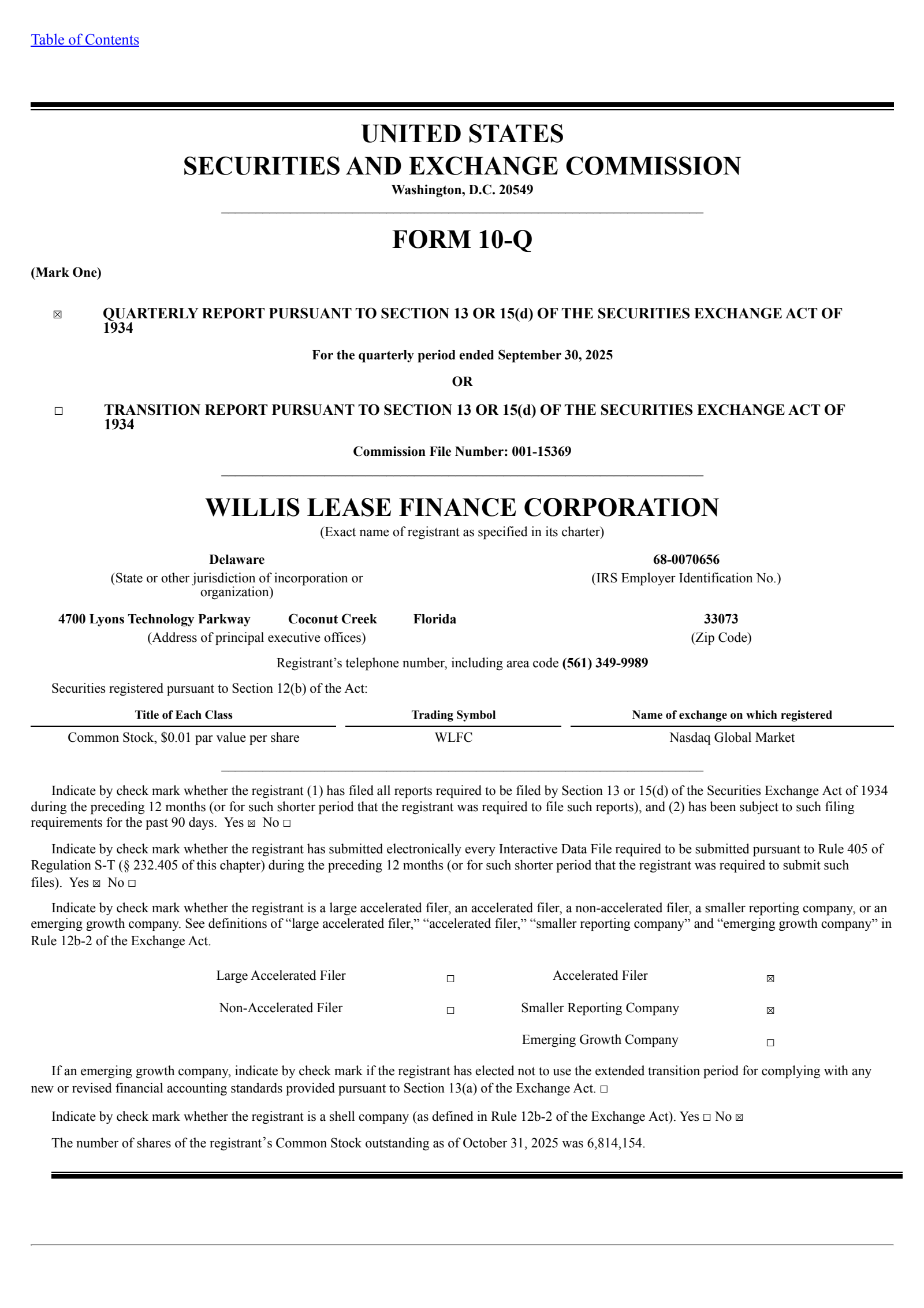 Willis Lease Finance's Q3 2025 Quarterly Report