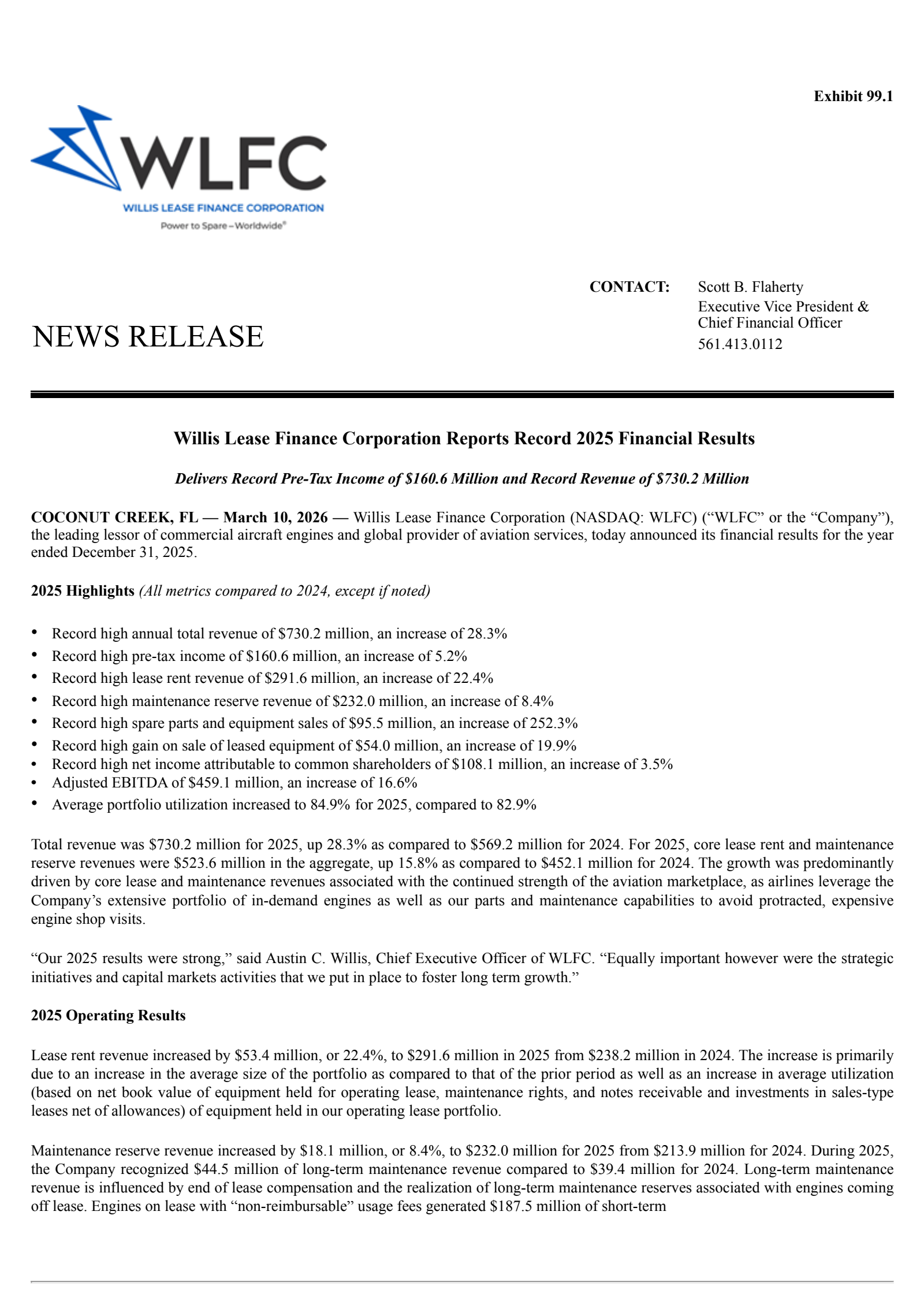 Willis Lease Finance's Q4 2025 Press Release