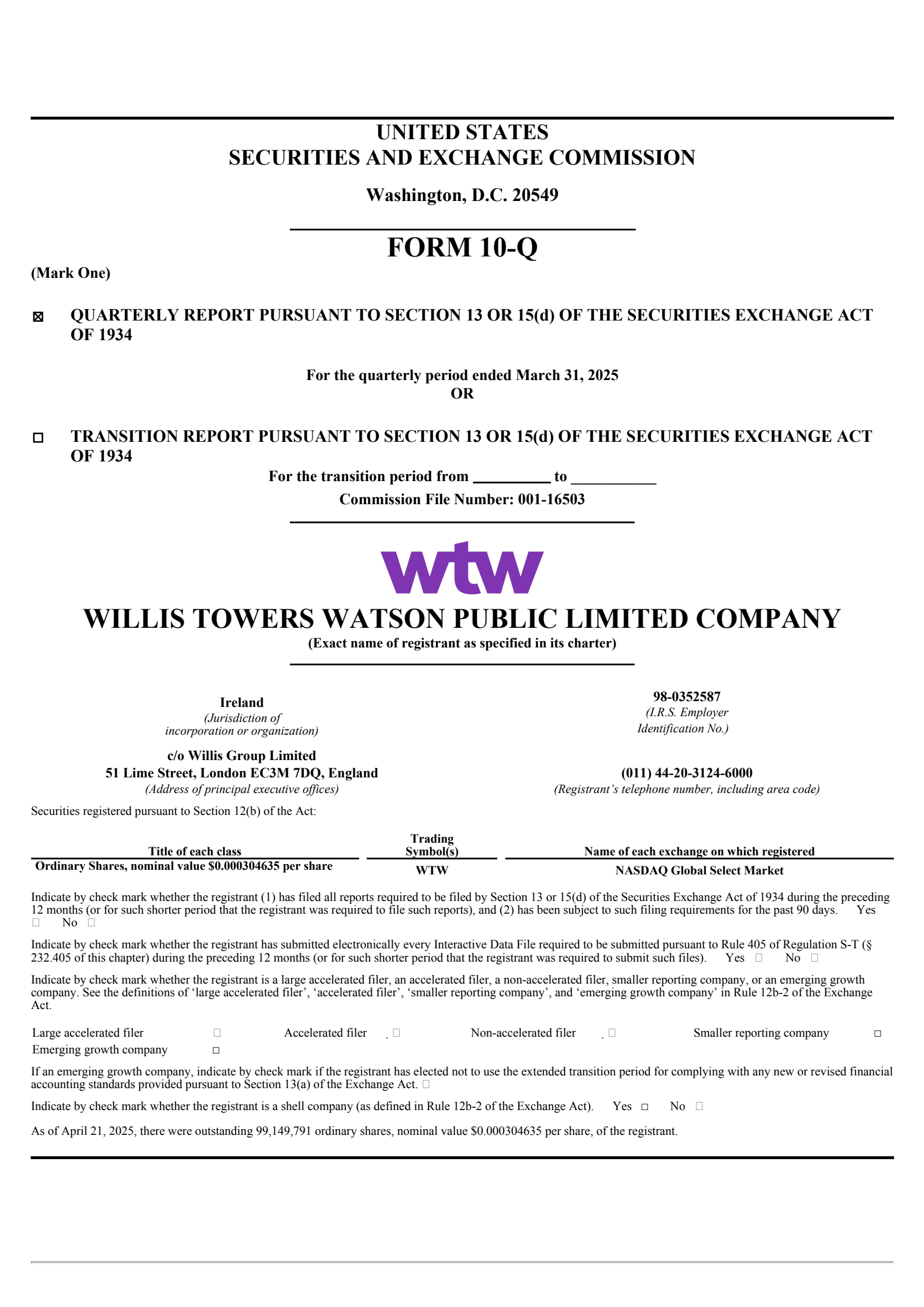 Willis Towers Watson Q1 2025 Earnings Date WTW Q1 2025 Earnings Report on 4/24/2025