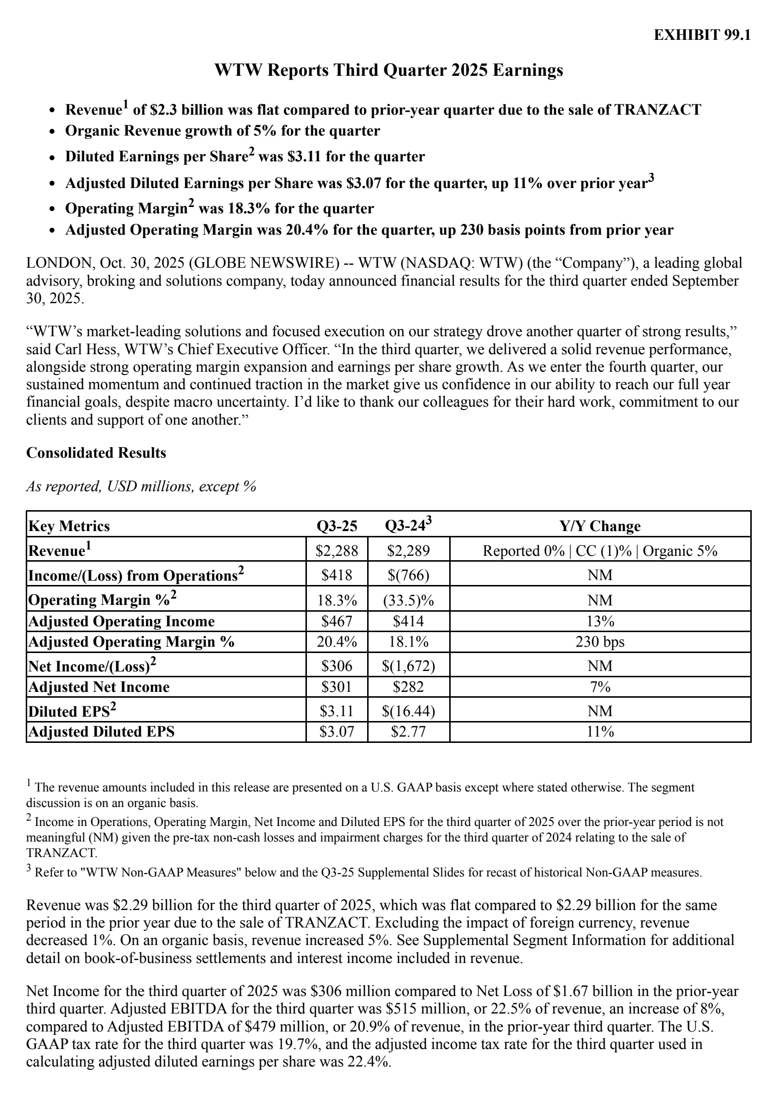Willis Towers Watson Public's Q3 2025 Earnings Release