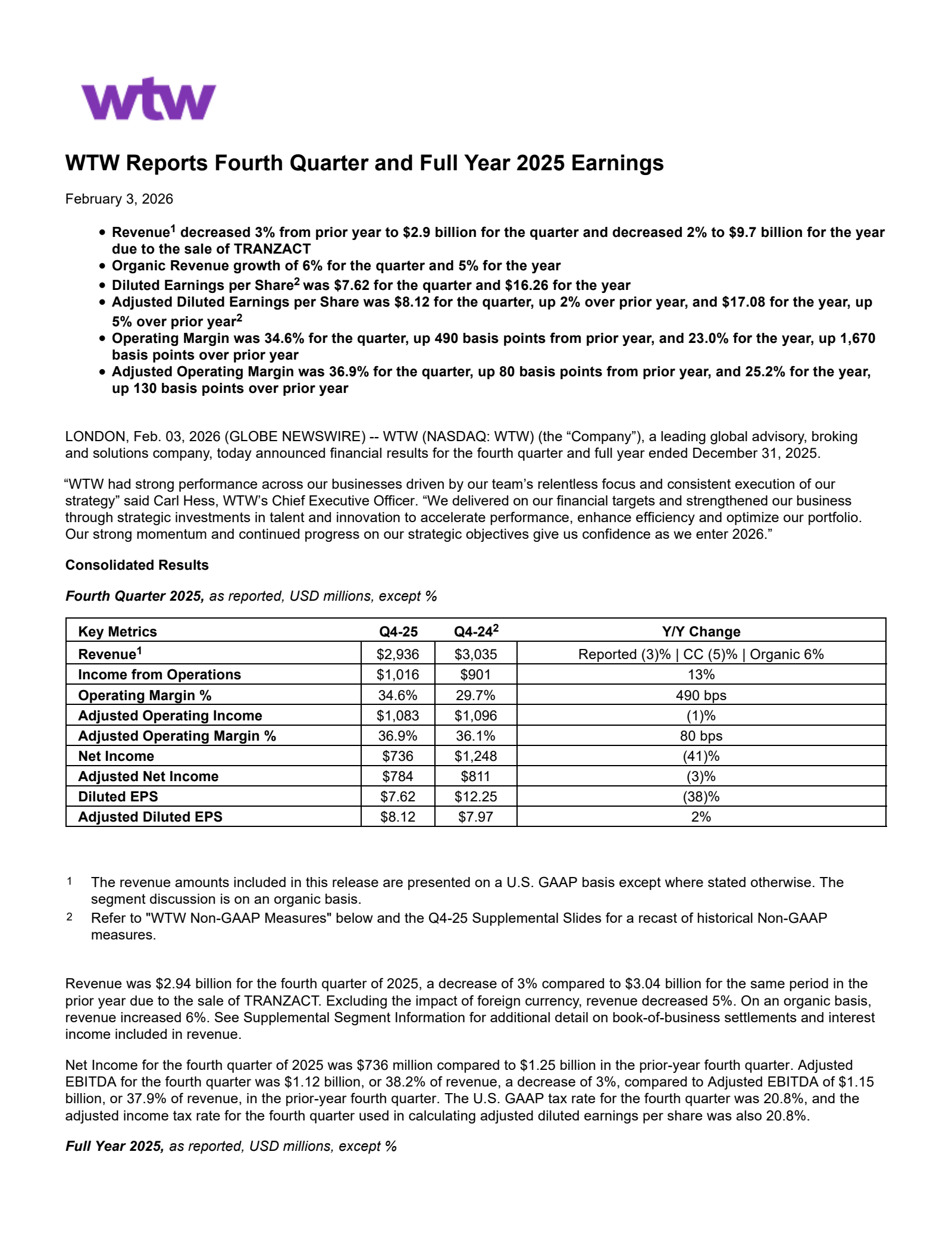 Willis Towers Watson Public's Q4 2025 Press Release
