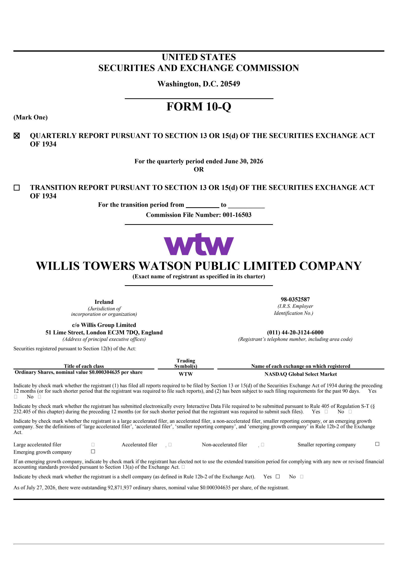 Willis Towers Watson Public's Q2 2026 Quarterly report