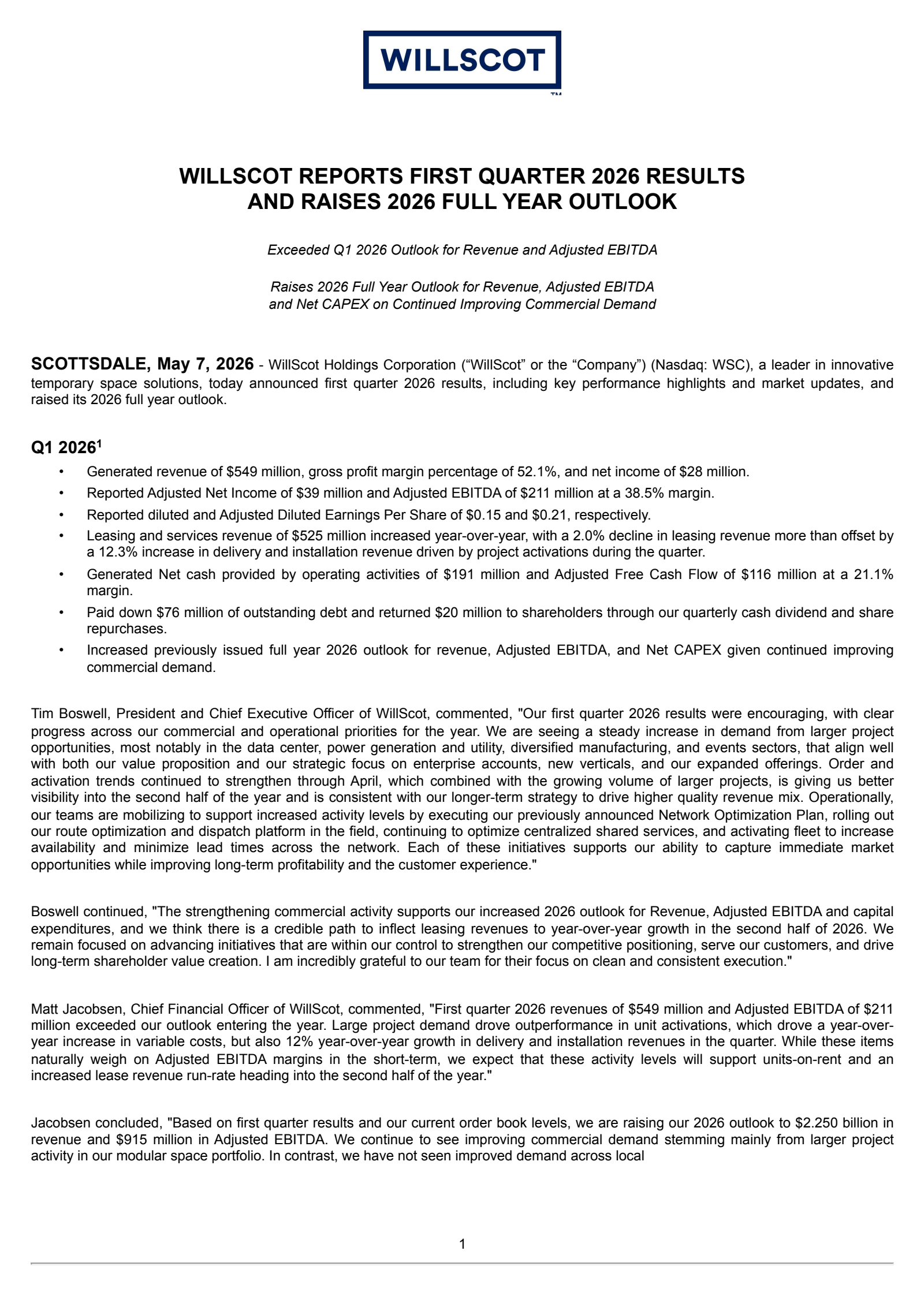WillScot's Q1 2026 Press Release
