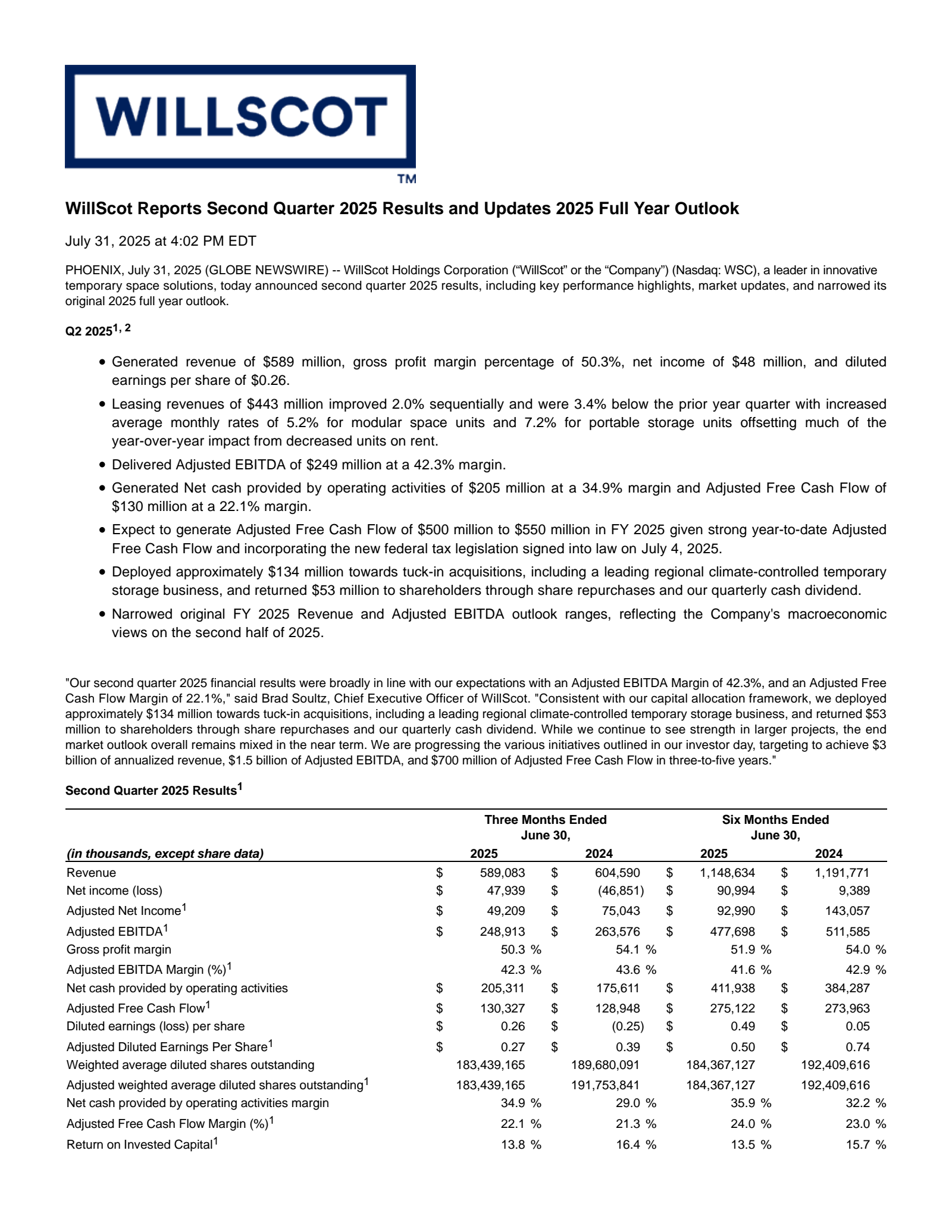 WillScot's Q2 2025 Press Release