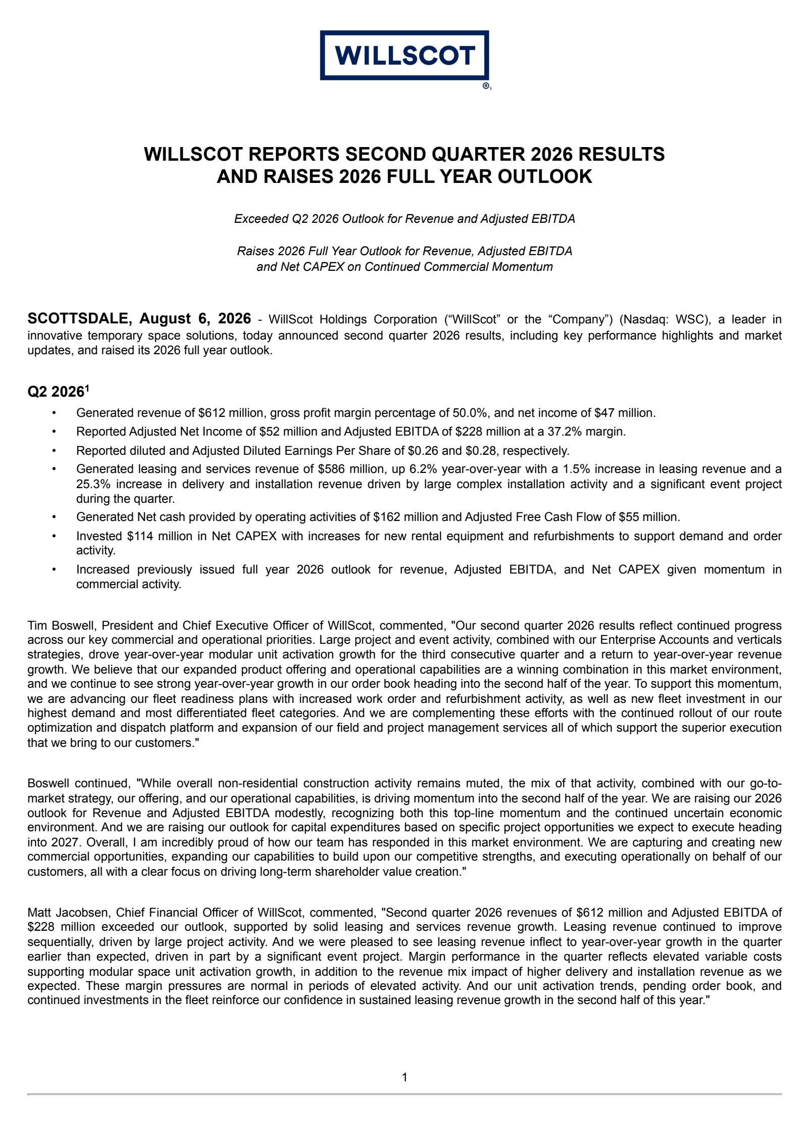 WillScot's Q2 2026 Press Release