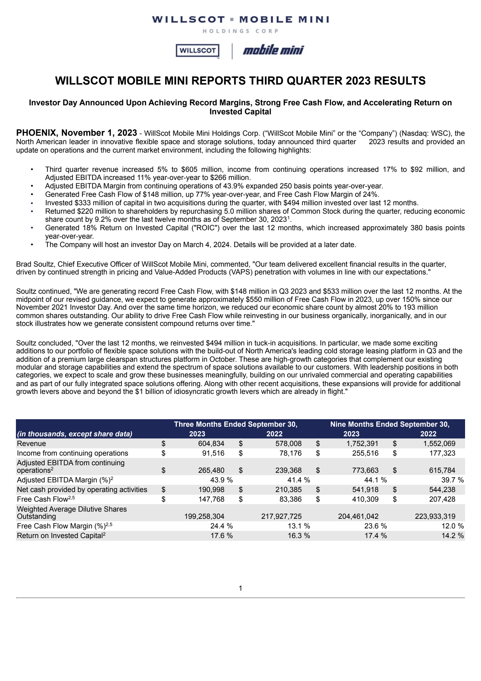 WillScot Mobile Mini's Q3 2023 Press Release